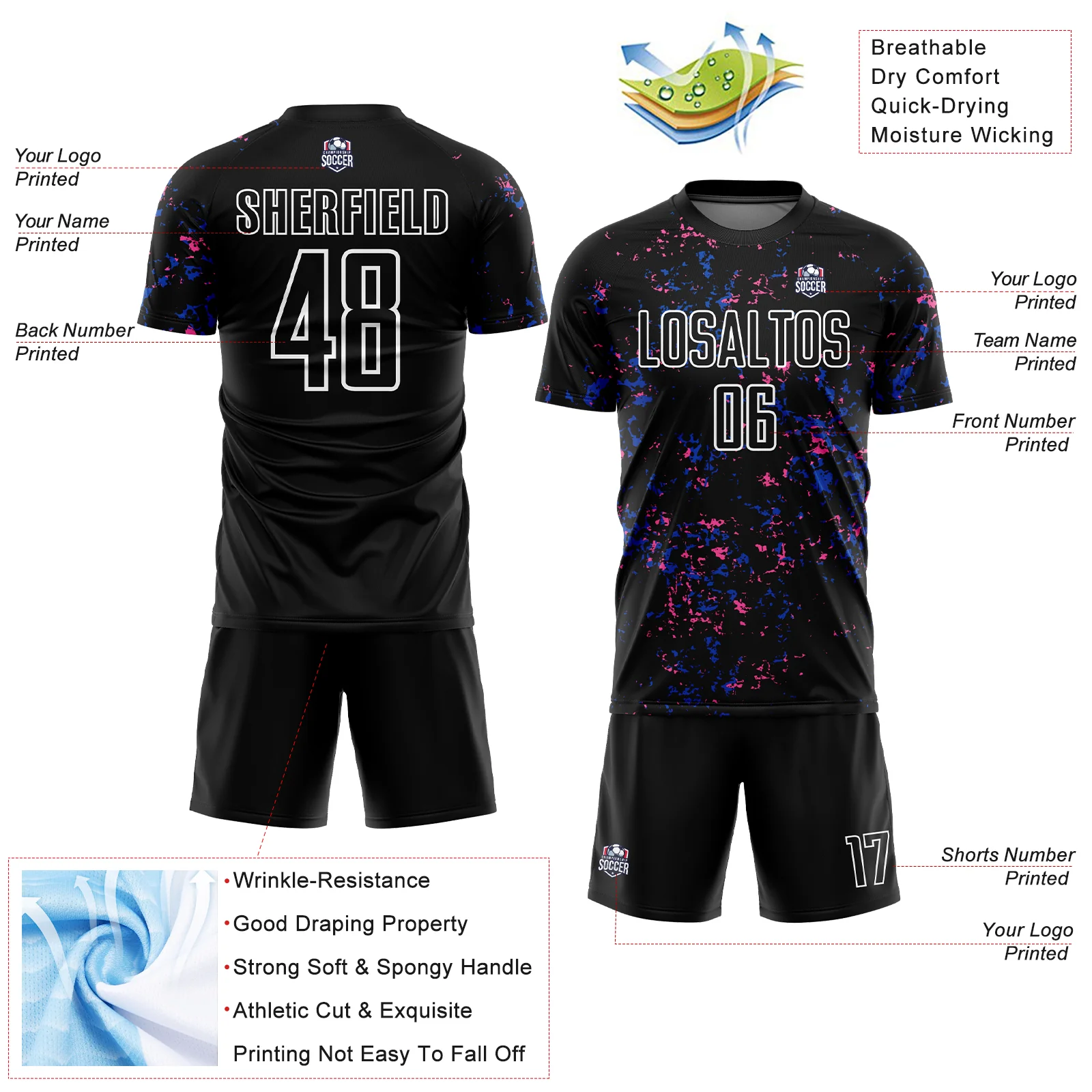 Custom Black Thunder Blue-Pink Abstract Fragment Art Sublimation Soccer Uniform Jersey - Image 4