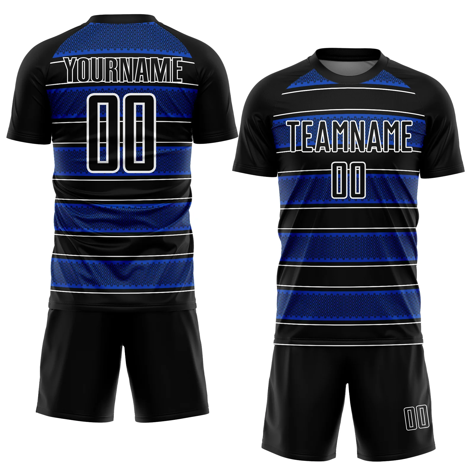 Custom Black Thunder Blue-White Geometric Shapes And Line Sublimation Soccer Uniform Jersey - Image 2