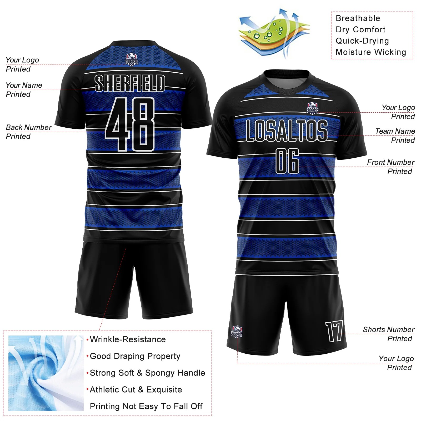 Custom Black Thunder Blue-White Geometric Shapes And Line Sublimation Soccer Uniform Jersey - Image 4