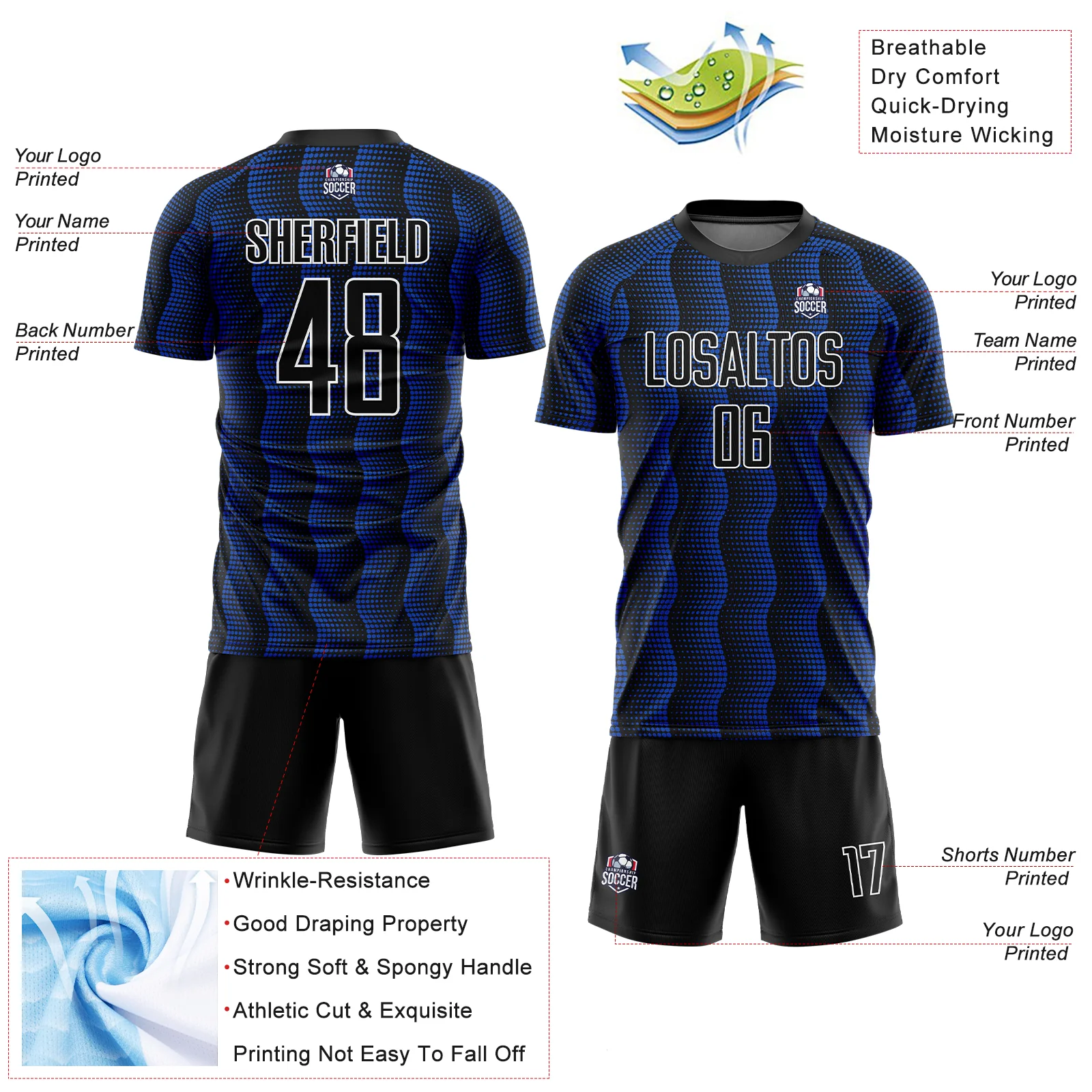 Custom Black Thunder Blue-White Geometric Shape Sublimation Soccer Uniform Jersey - Image 4