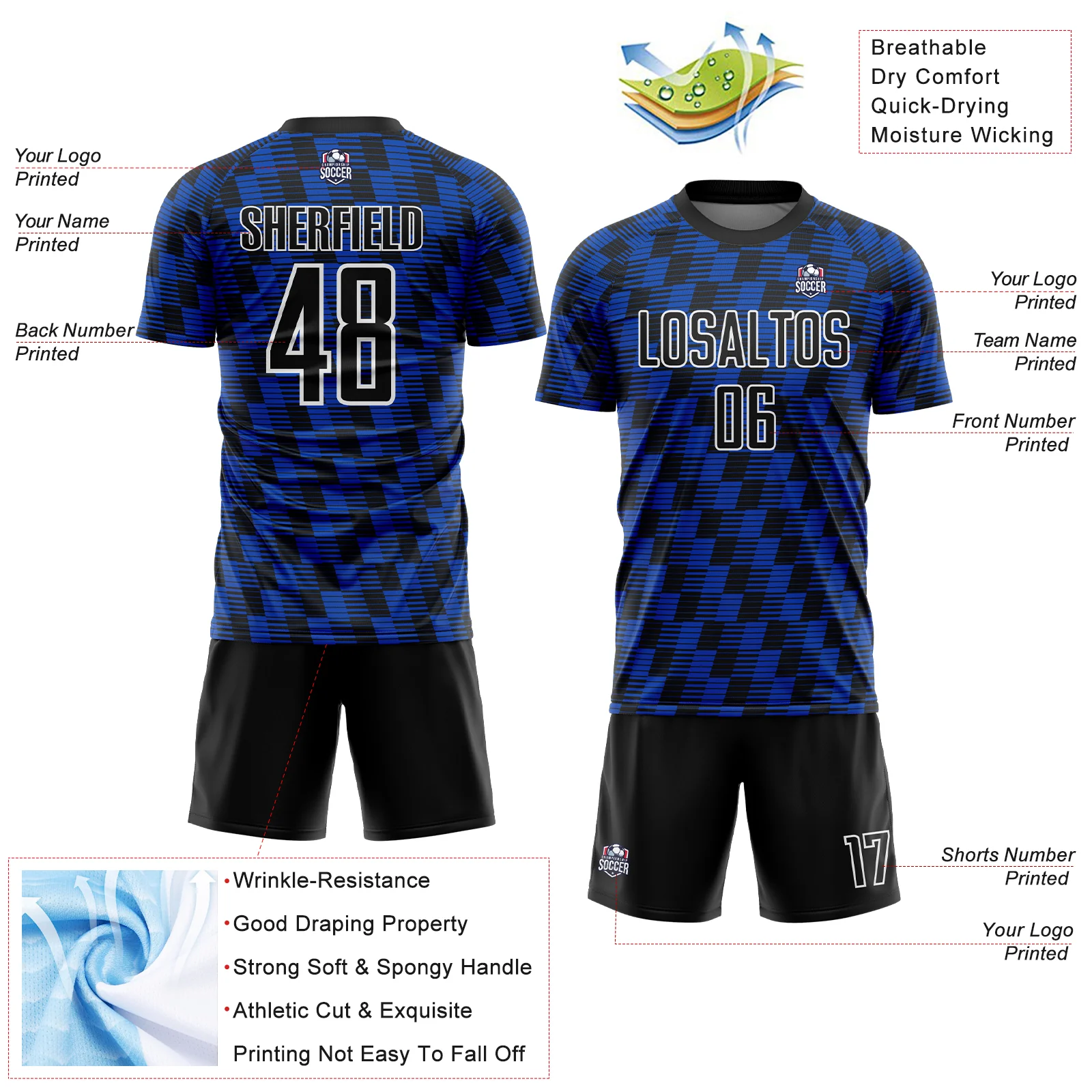 Custom Black Thunder Blue-White Line Sublimation Soccer Uniform Jersey - Image 4