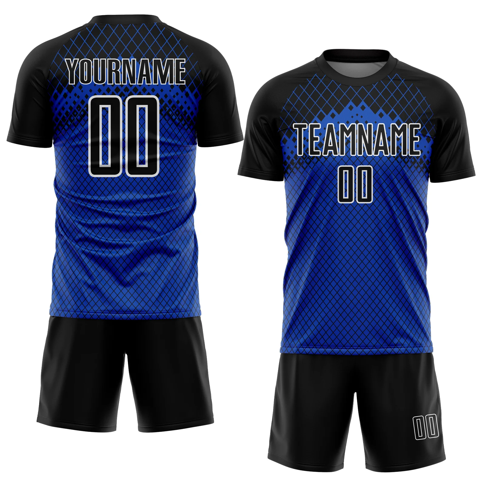 Custom Black Thunder Blue-White Gradient Diamond Grid Sports Sublimation Soccer Uniform Jersey - Image 2
