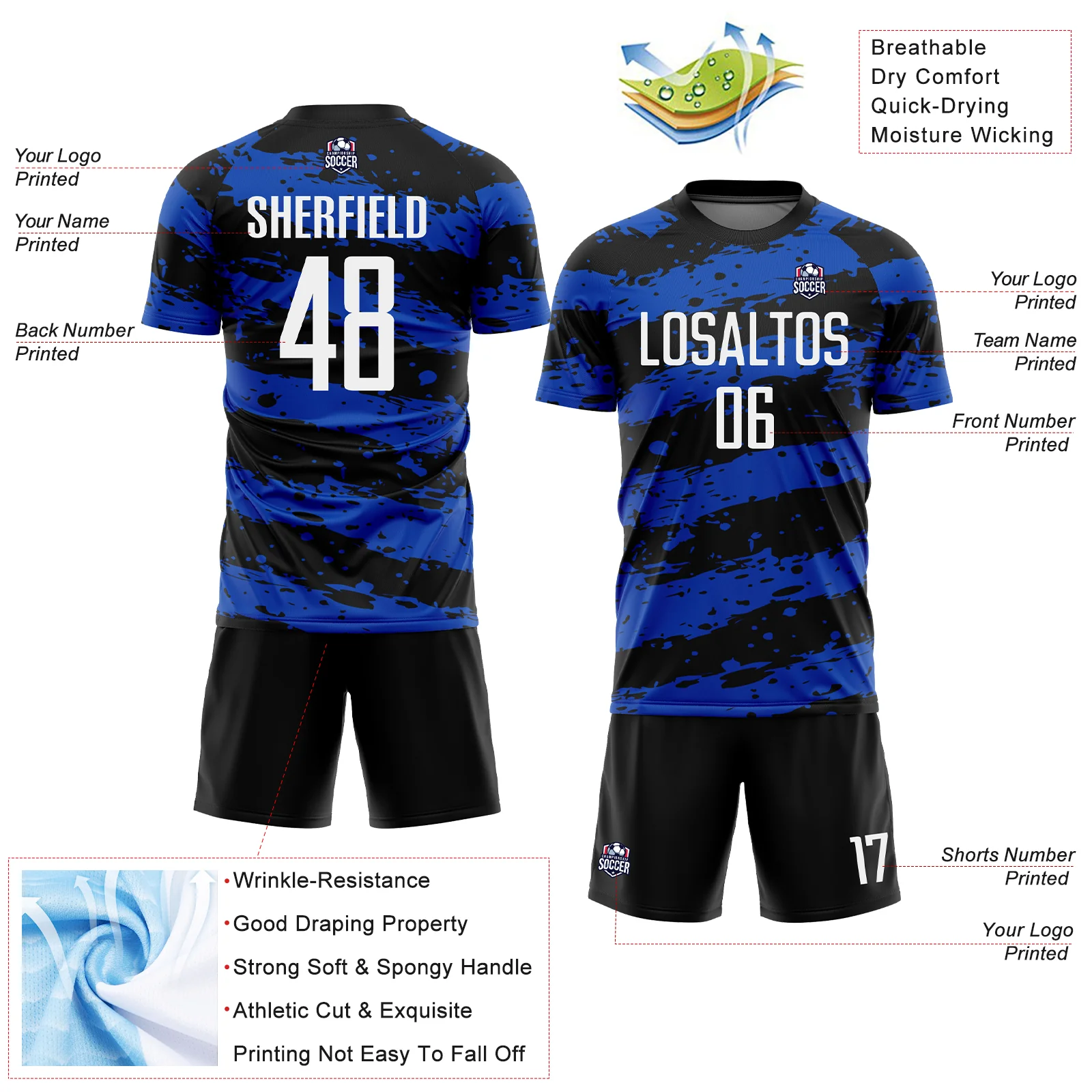 Custom Black White-Thunder Blue Splash Sublimation Soccer Uniform Jersey - Image 4