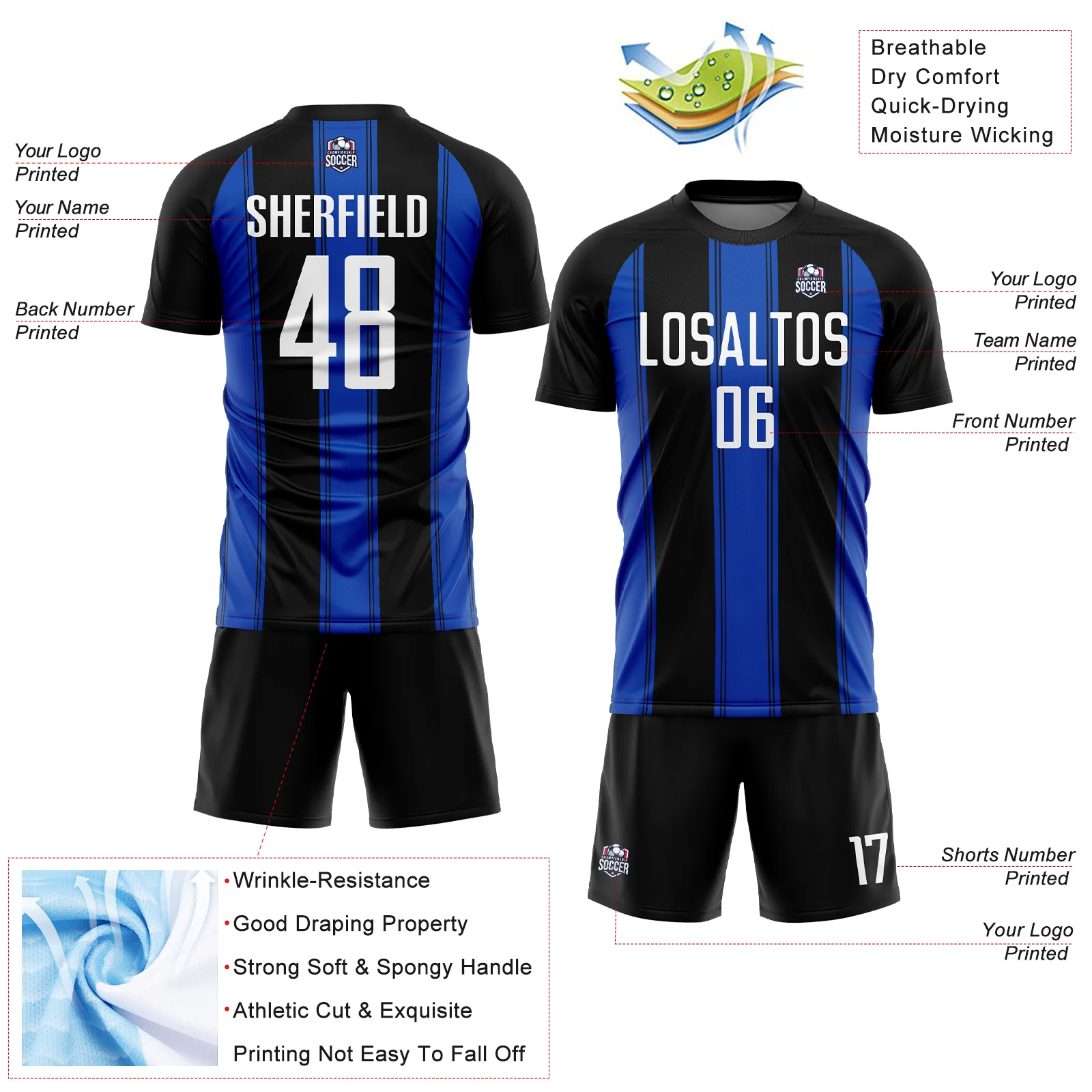 Custom Black White-Thunder Blue Line Sublimation Soccer Uniform Jersey - Image 4