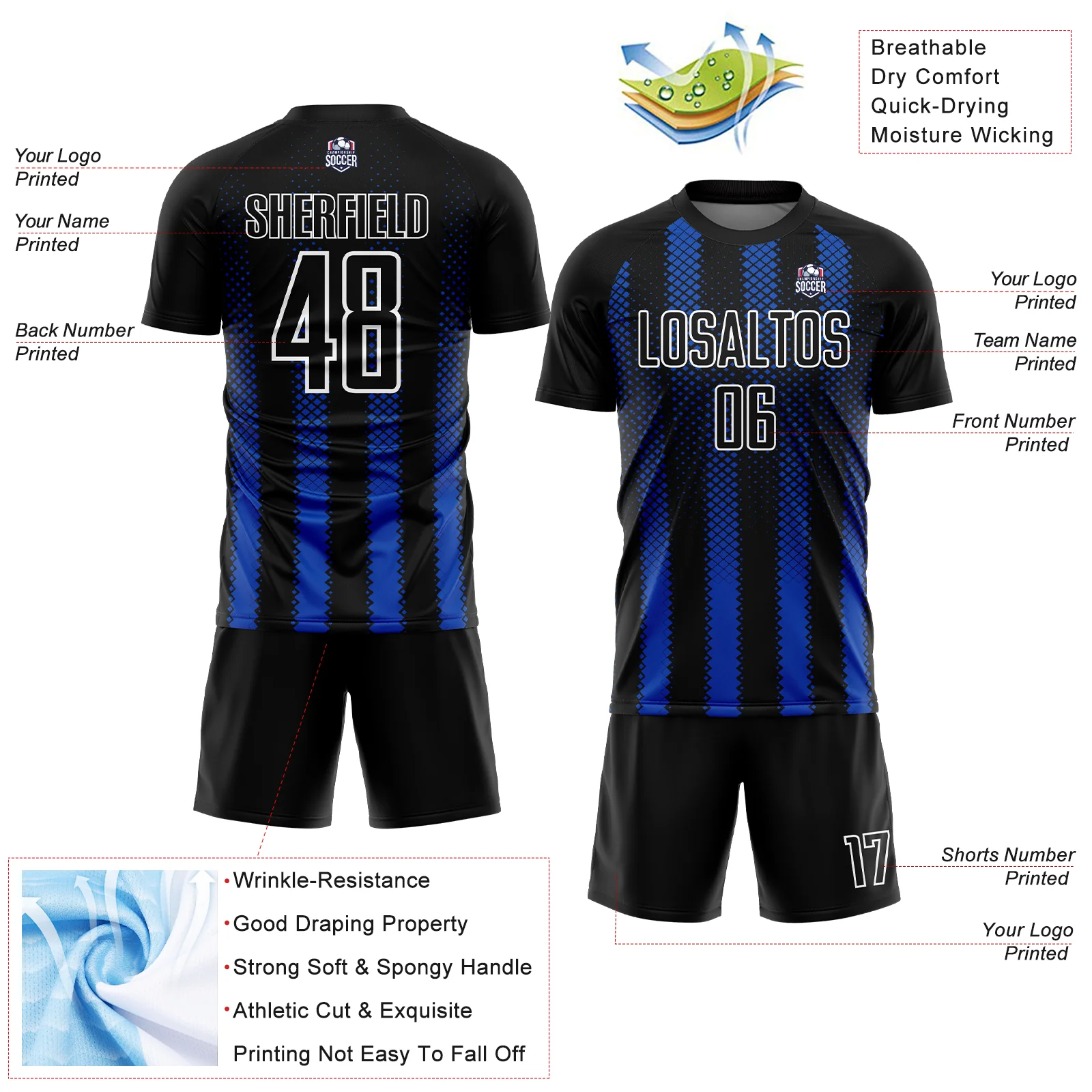 Custom Black Thunder Blue-White Geometric Shape Sublimation Soccer Uniform Jersey - Image 4