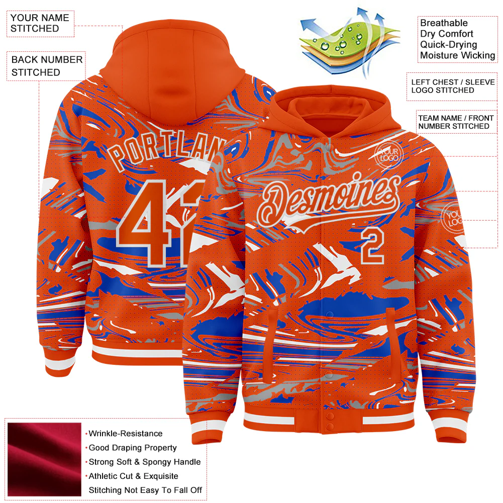 Custom Figure Orange Thunder Blue-White Fluid Pattern Bomber Full-Snap Varsity Letterman Hoodie Jacket - Image 4
