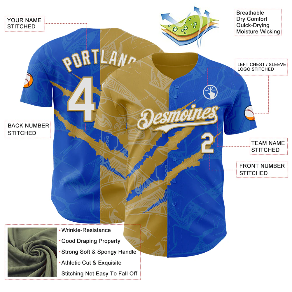 Custom Graffiti Pattern White Thunder Blue-Old Gold 3D Scratch Authentic Baseball Jersey - Image 3