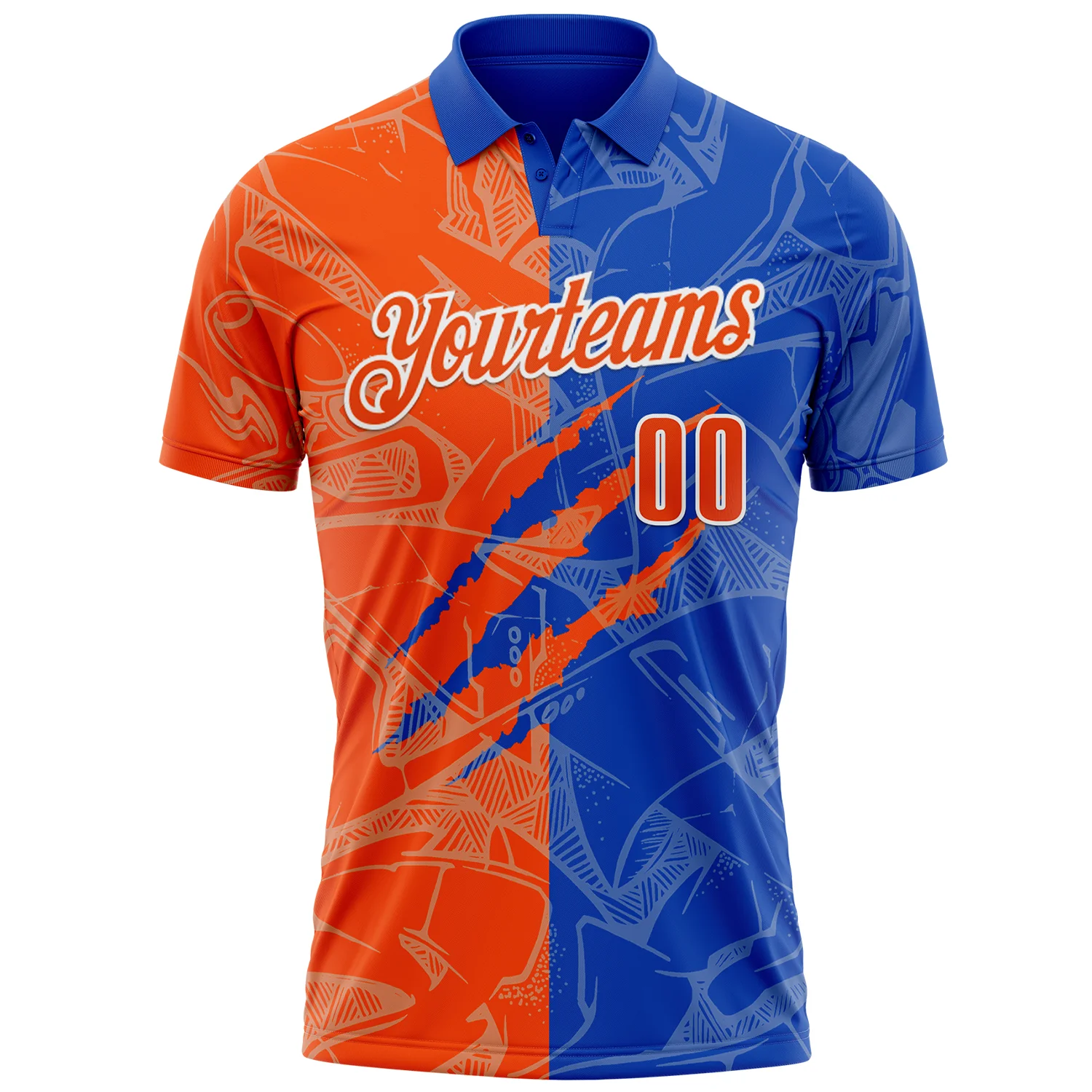 Custom Graffiti Pattern Orange Thunder Blue-White 3D Scratch Performance Polo Shirt - Image 2