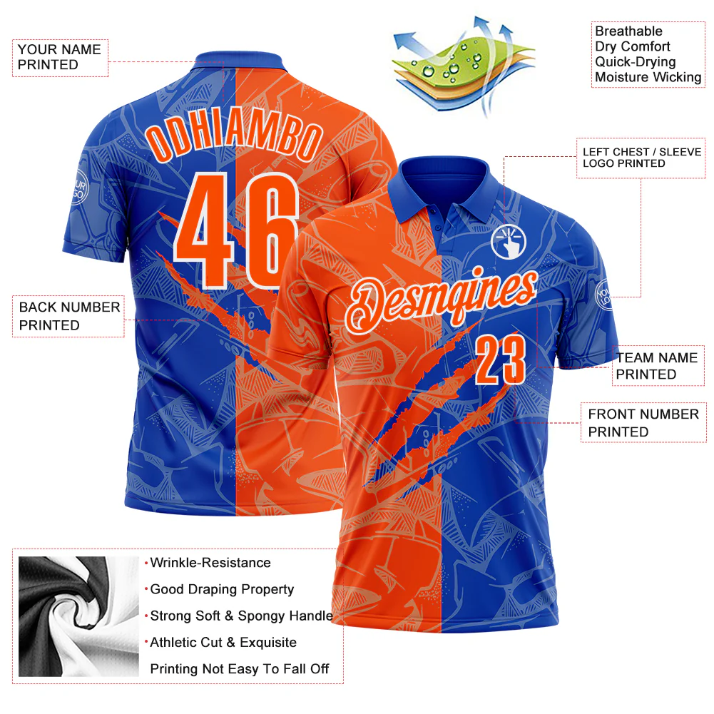 Custom Graffiti Pattern Orange Thunder Blue-White 3D Scratch Performance Polo Shirt - Image 3