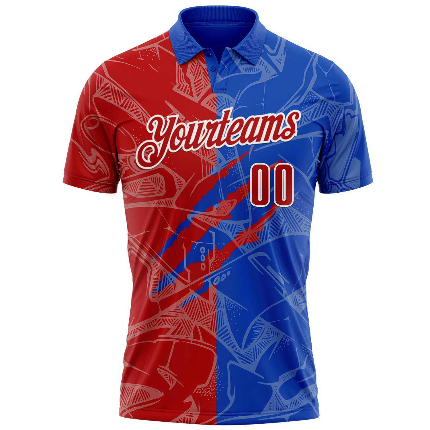 Custom Graffiti Pattern Red Thunder Blue-White 3D Scratch Performance Polo Shirt - Image 2