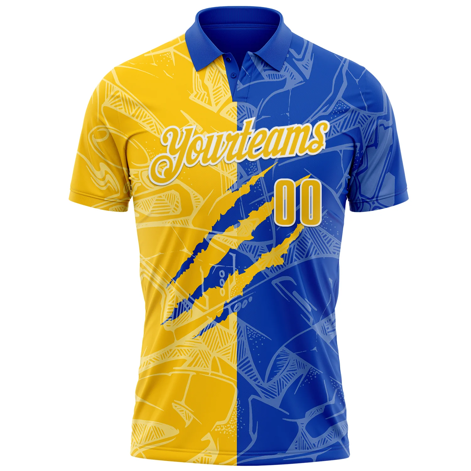 Custom Graffiti Pattern Yellow Thunder Blue-White 3D Scratch Performance Polo Shirt - Image 2