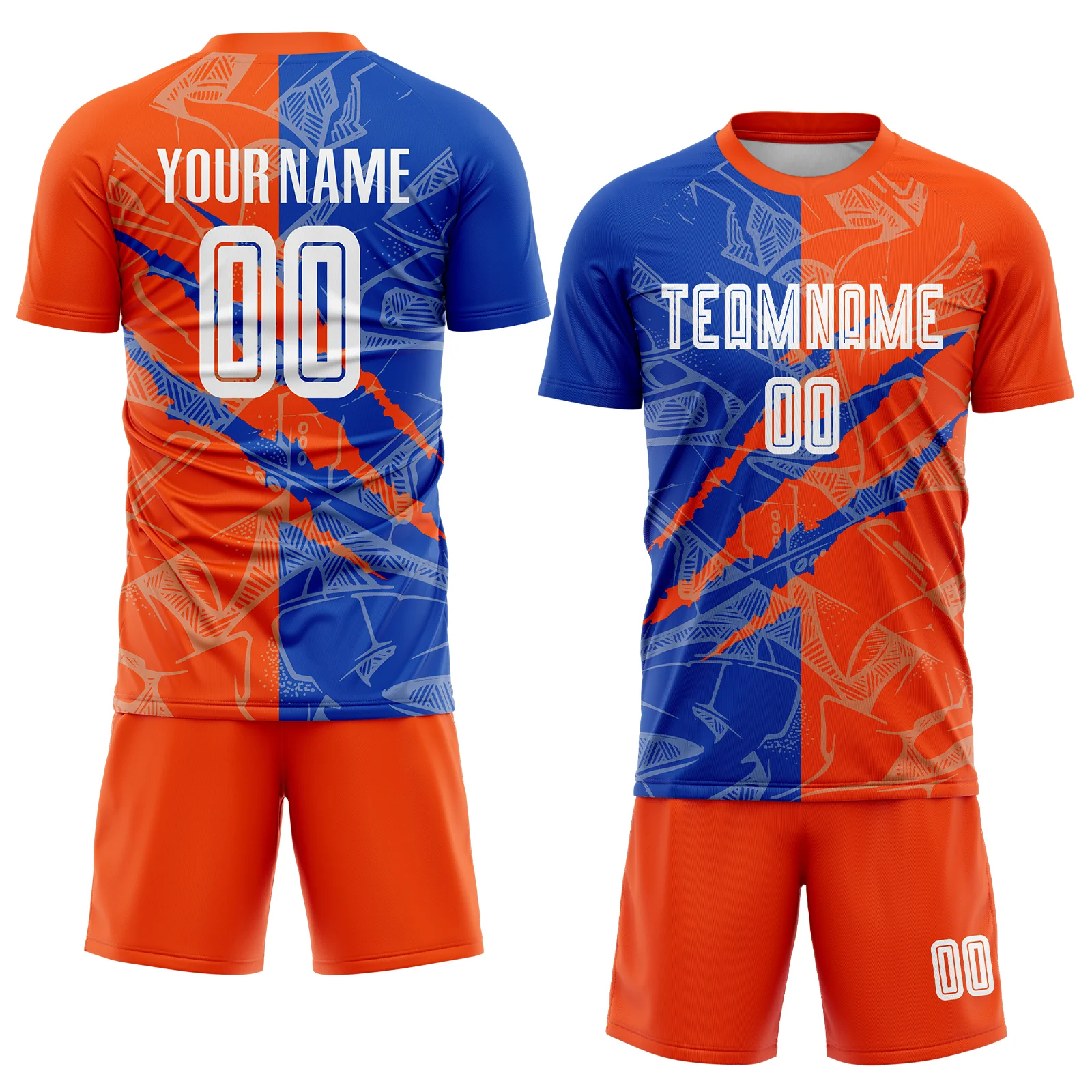 Custom Graffiti Pattern Thunder Blue-Orange Scratch Sublimation Soccer Uniform Jersey - Image 2