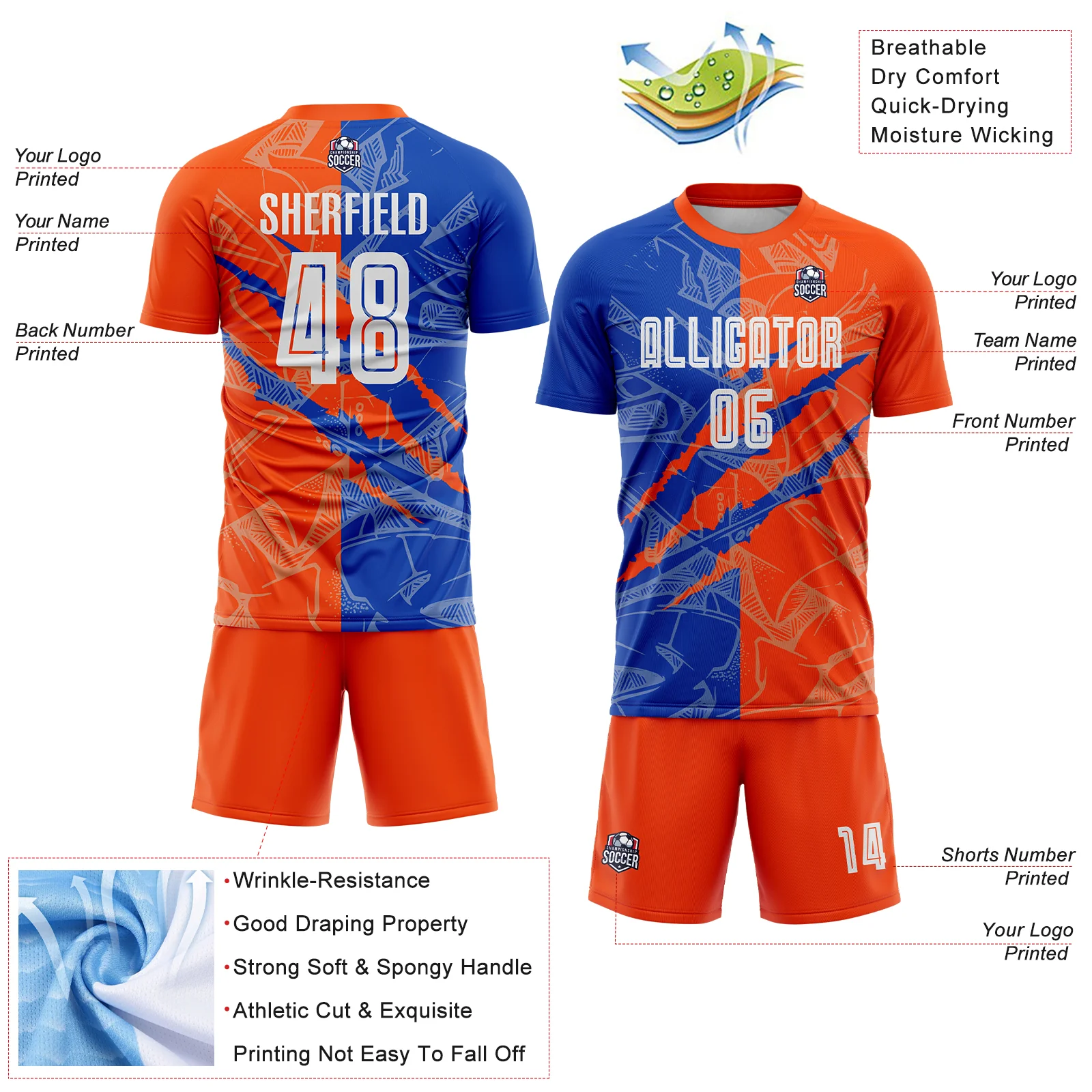 Custom Graffiti Pattern Thunder Blue-Orange Scratch Sublimation Soccer Uniform Jersey - Image 4