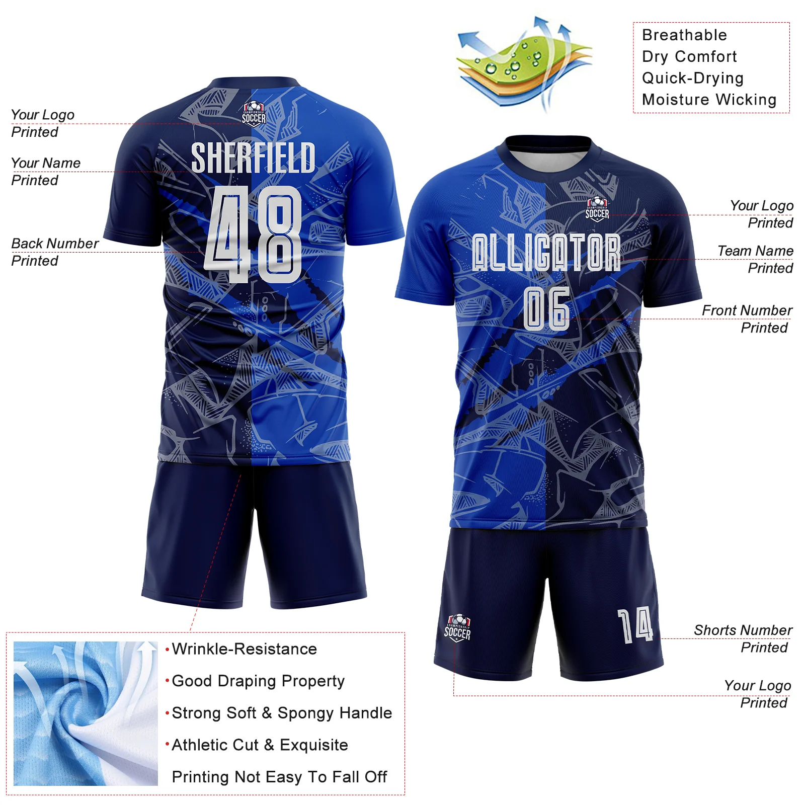 Custom Graffiti Pattern Thunder Blue-Navy Scratch Sublimation Soccer Uniform Jersey - Image 4