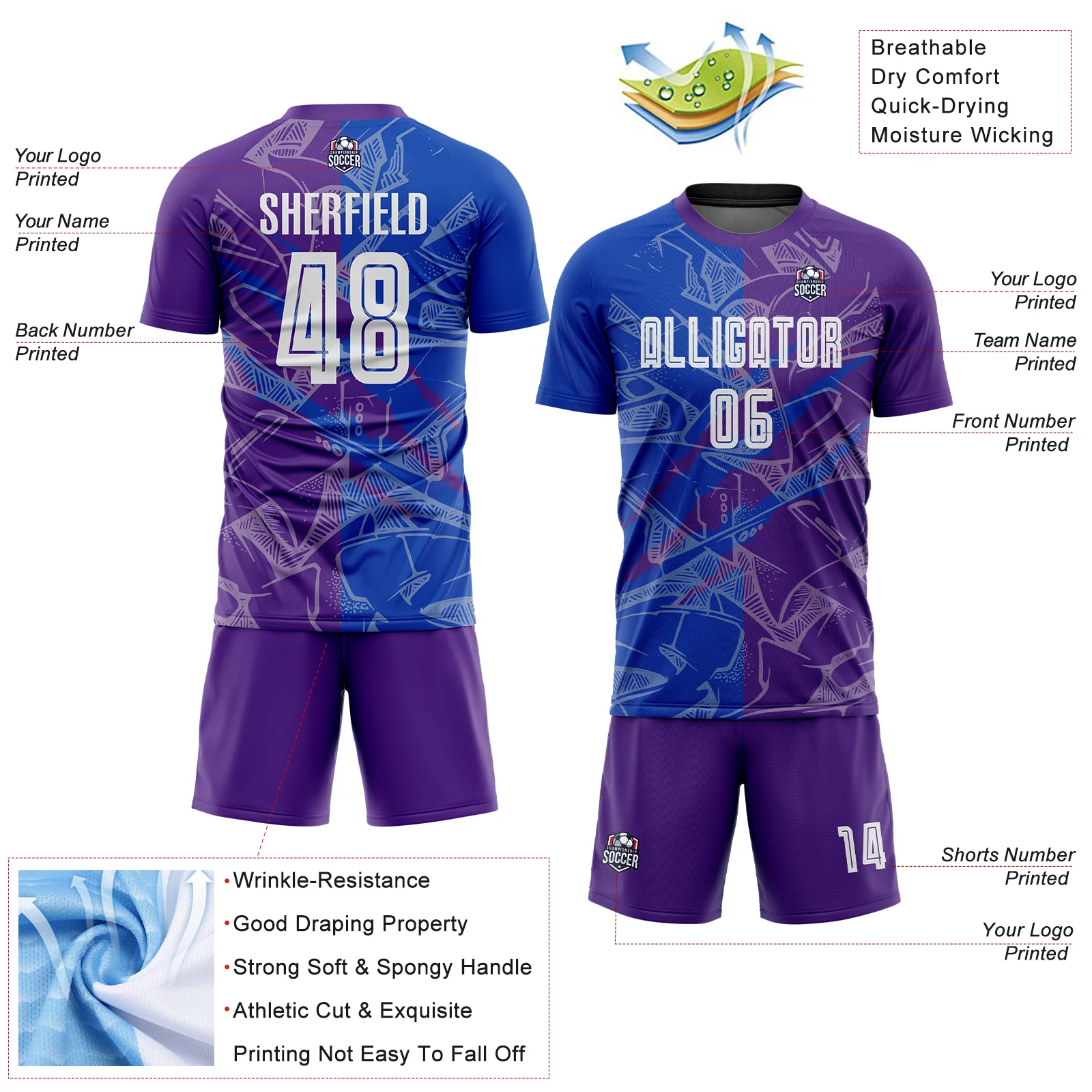 Custom Graffiti Pattern Thunder Blue-Purple Scratch Sublimation Soccer Uniform Jersey - Image 4
