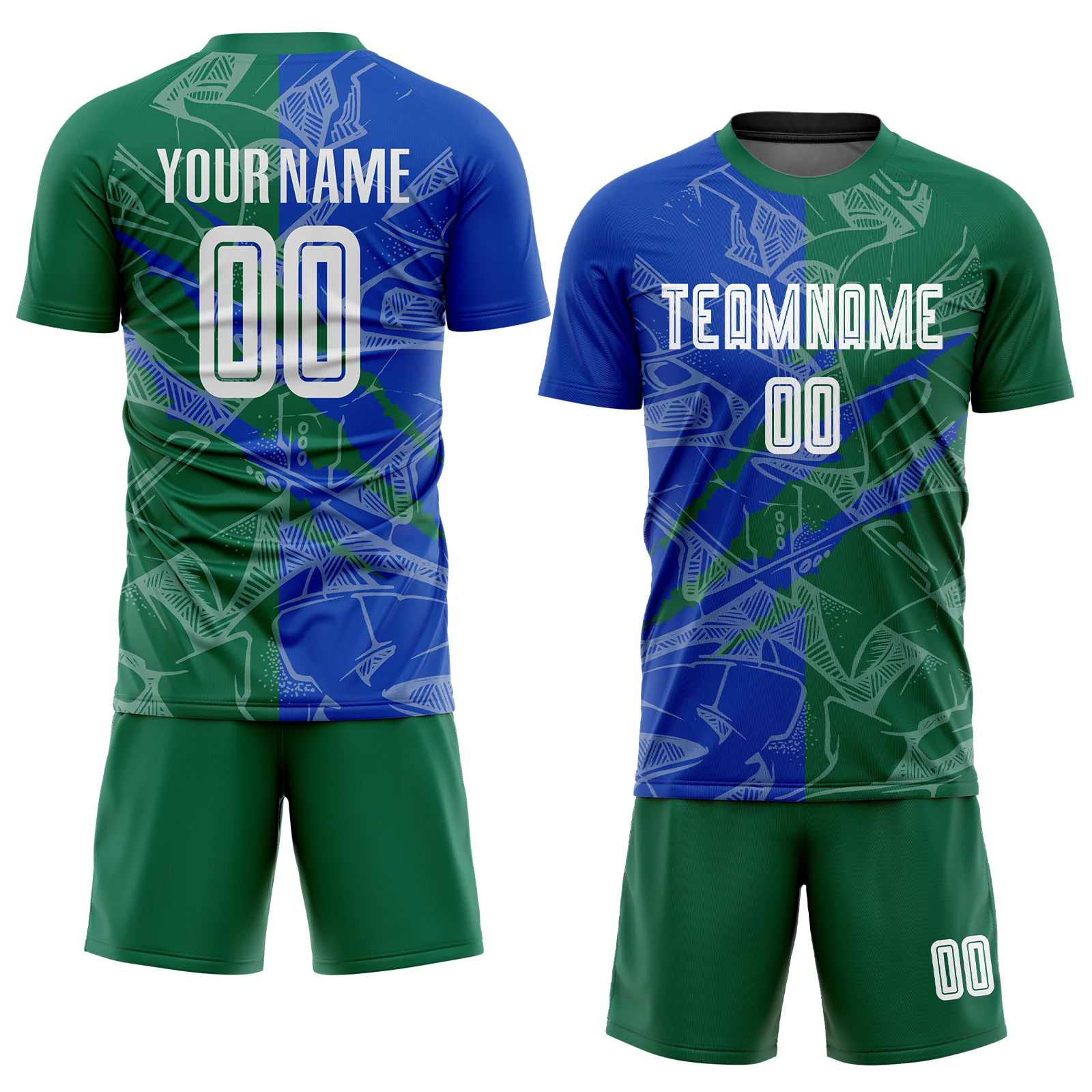 Custom Graffiti Pattern Thunder Blue-Kelly Green Scratch Sublimation Soccer Uniform Jersey - Image 2