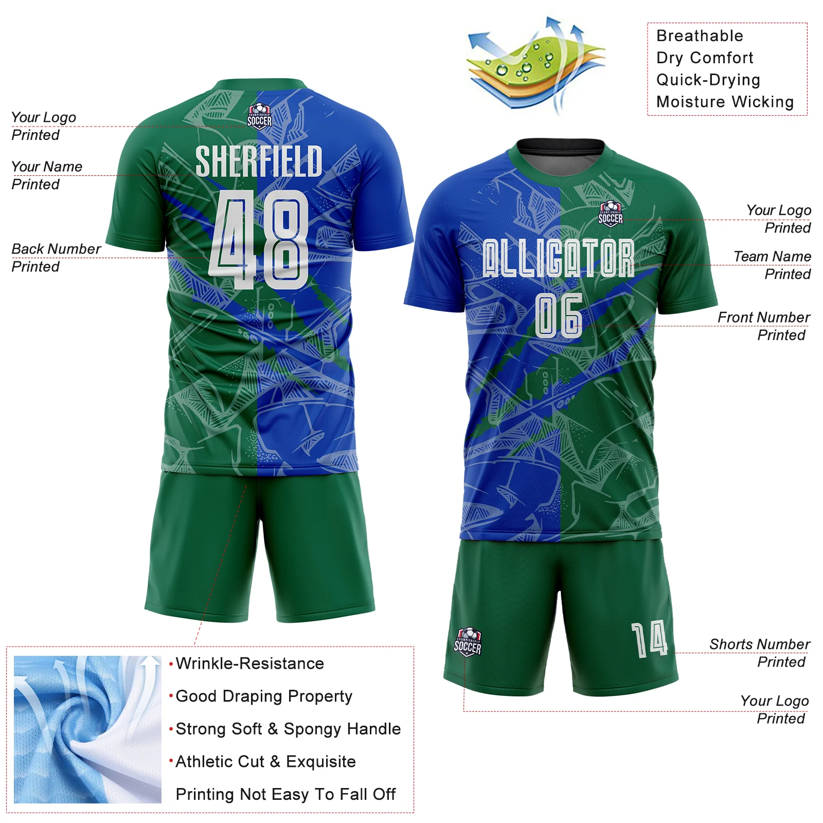 Custom Graffiti Pattern Thunder Blue-Kelly Green Scratch Sublimation Soccer Uniform Jersey - Image 4