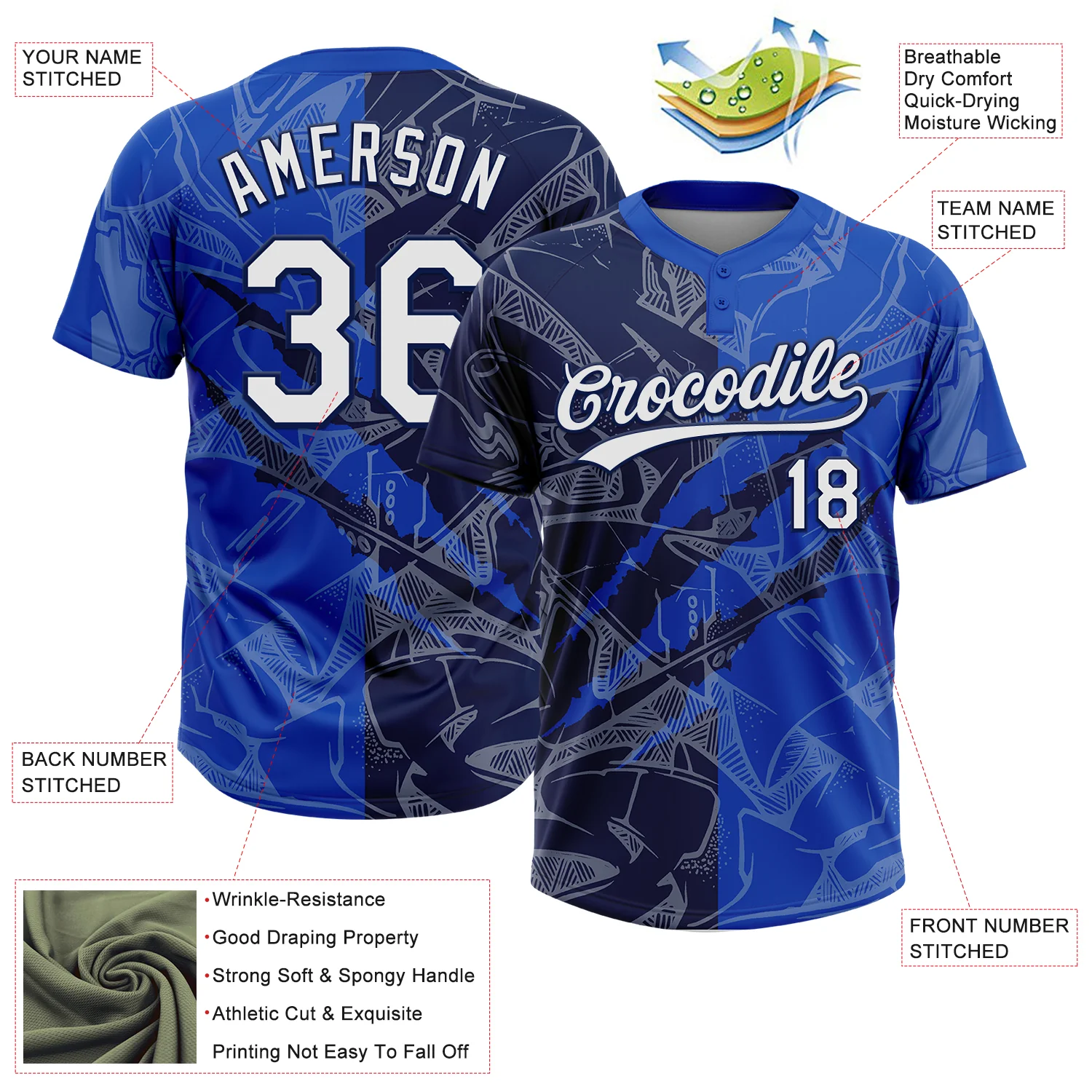 Custom Graffiti Pattern White Thunder Blue-Navy 3D Scratch Two-Button Unisex Softball Jersey - Image 3
