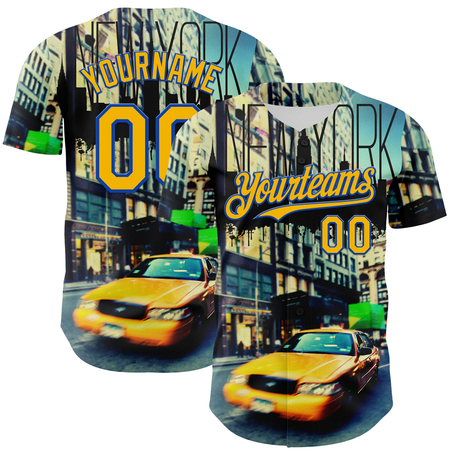 Custom Green Gold-Thunder Blue 3D Pattern Design New York Cityscape Statue Of Liberty Authentic Baseball Jersey