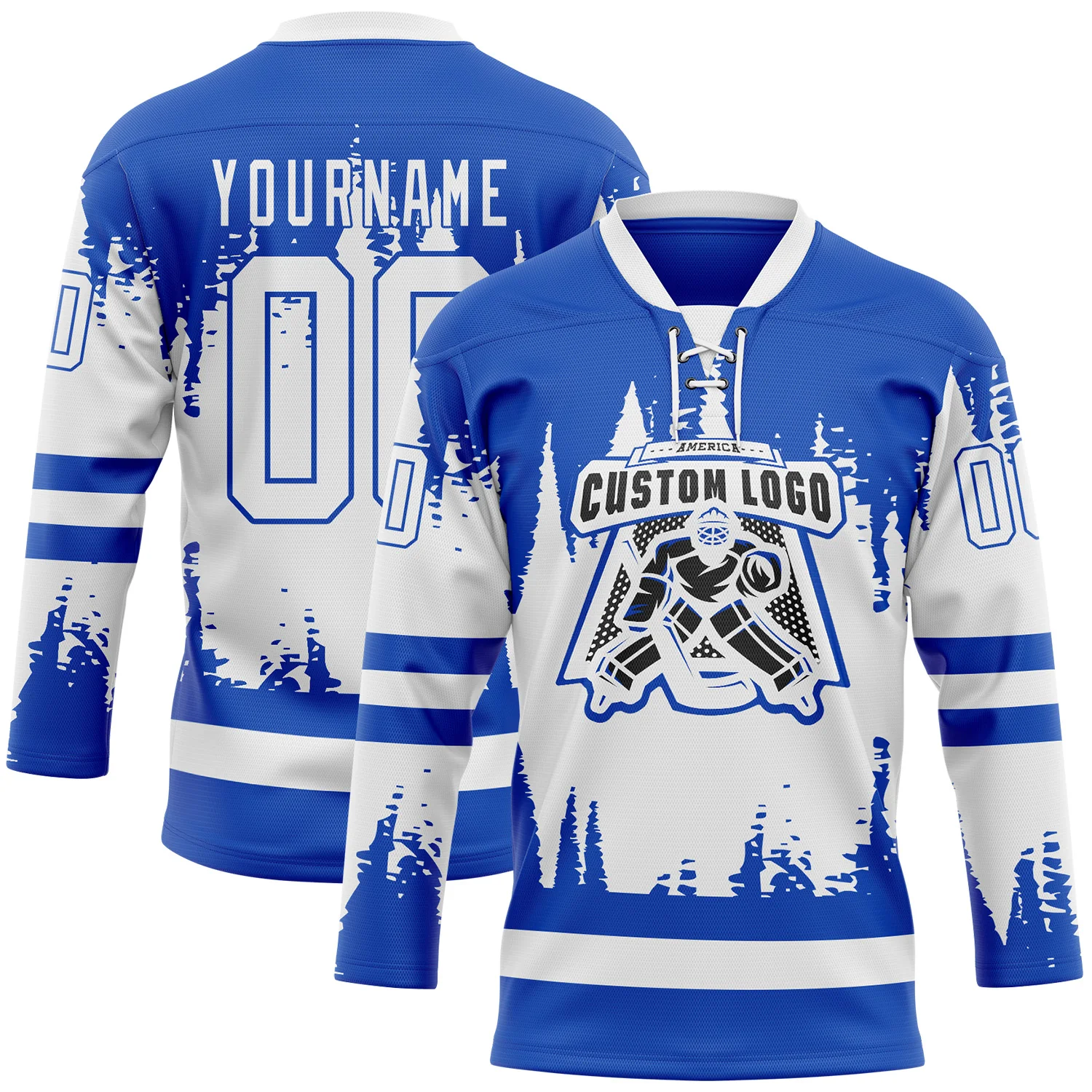 Custom Thunder Blue White Abstract Splatter Paint Hockey Lace Neck Jersey - Image 2