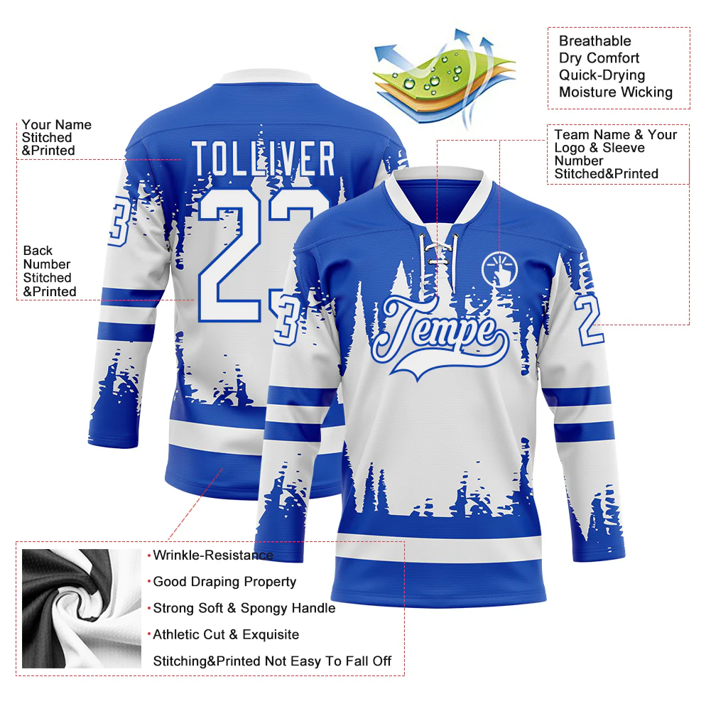 Custom Thunder Blue White Abstract Splatter Paint Hockey Lace Neck Jersey - Image 5