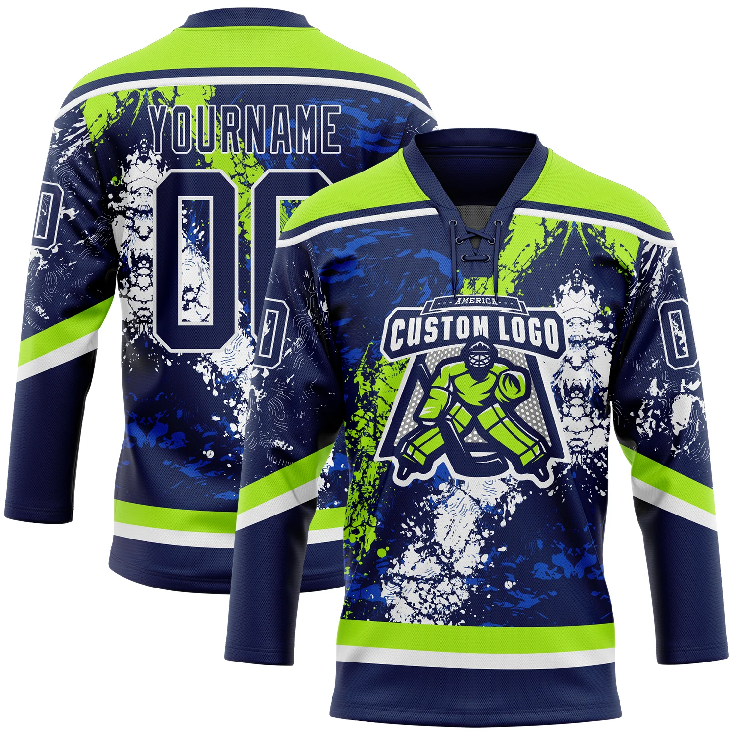 Custom Navy Thunder Blue Neon Green-White 3D Splash Art Hockey Lace Neck Jersey - Image 2