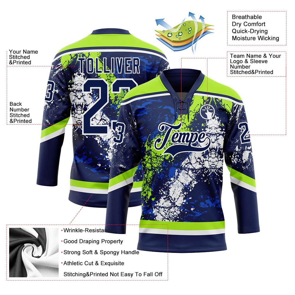 Custom Navy Thunder Blue Neon Green-White 3D Splash Art Hockey Lace Neck Jersey - Image 3