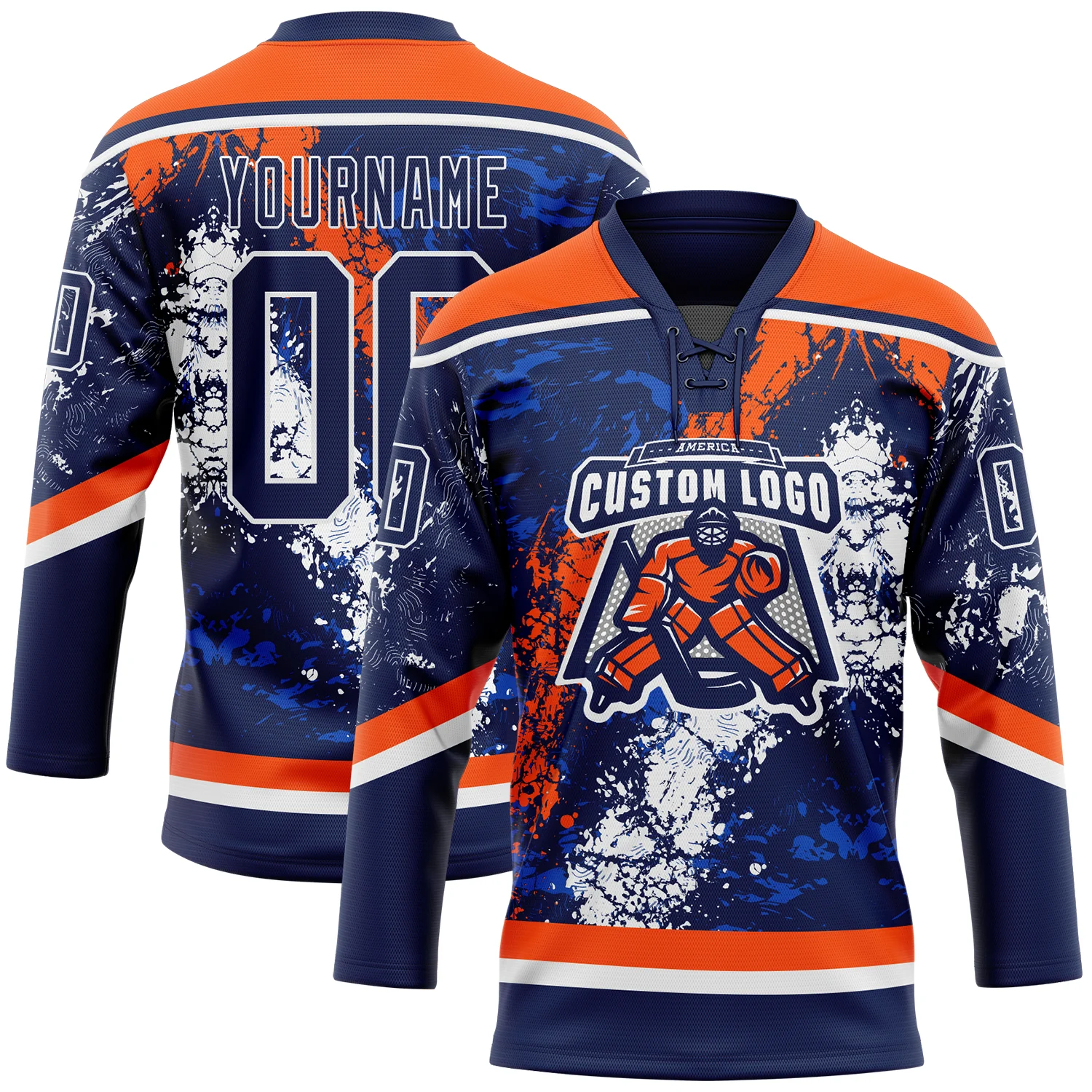 Custom Navy Thunder Blue Orange-White 3D Splash Art Hockey Lace Neck Jersey - Image 2