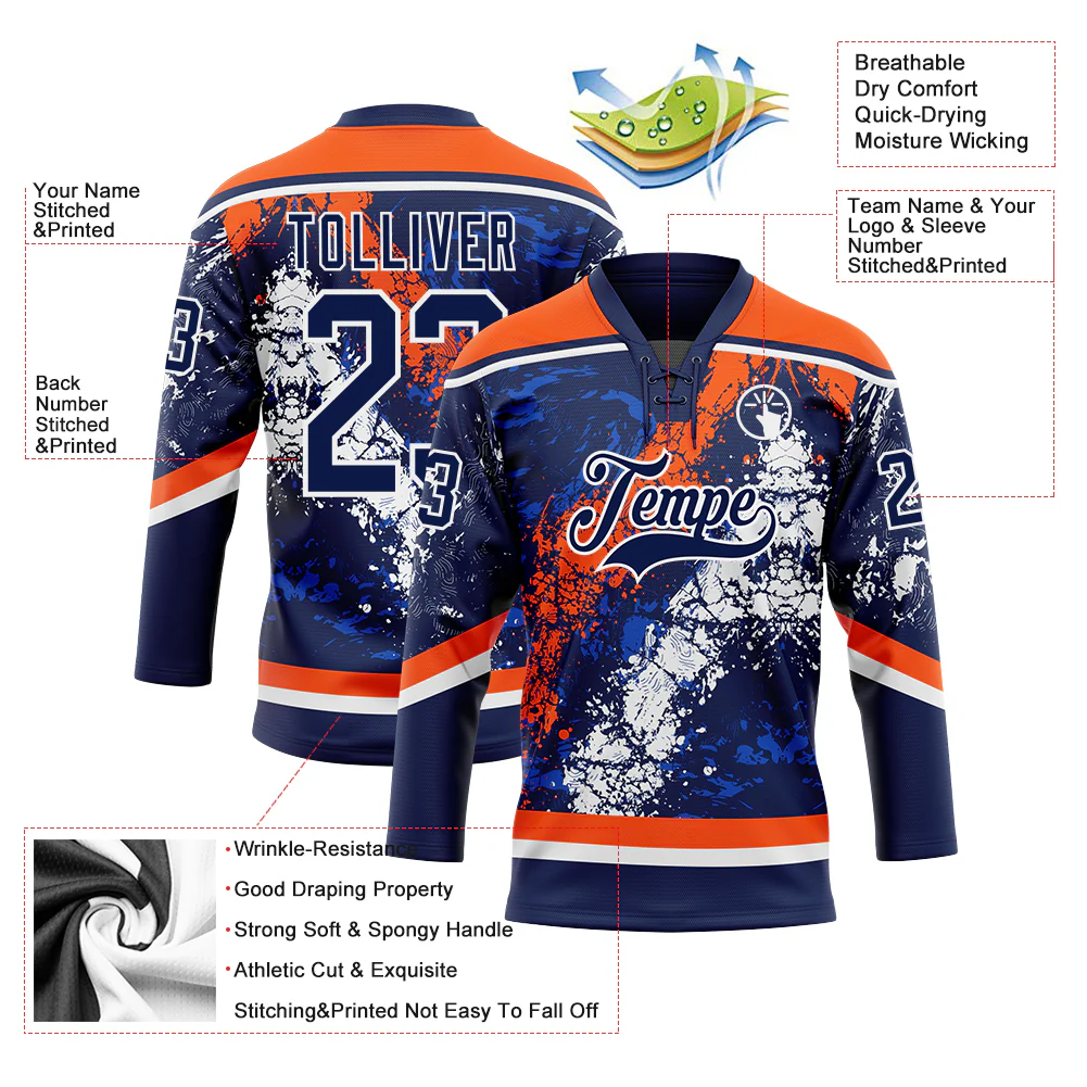 Custom Navy Thunder Blue Orange-White 3D Splash Art Hockey Lace Neck Jersey - Image 3