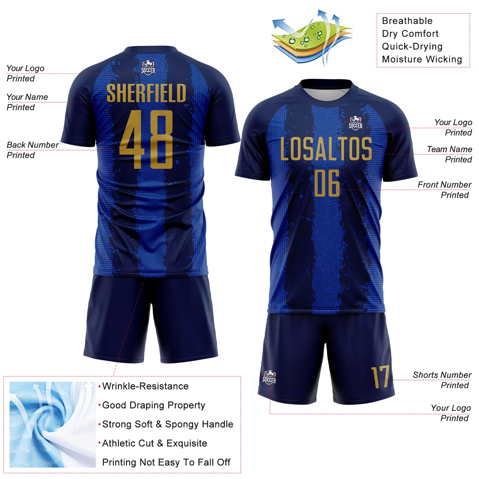 Custom Navy Old Gold-Thunder Blue Stripes Sports Sublimation Soccer Uniform Jersey - Image 4