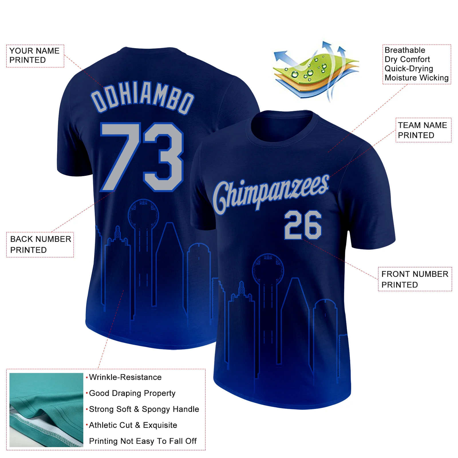 Custom Navy Gray-Thunder Blue 3D Dallas City Edition Fade Fashion Performance T-Shirt - Image 2