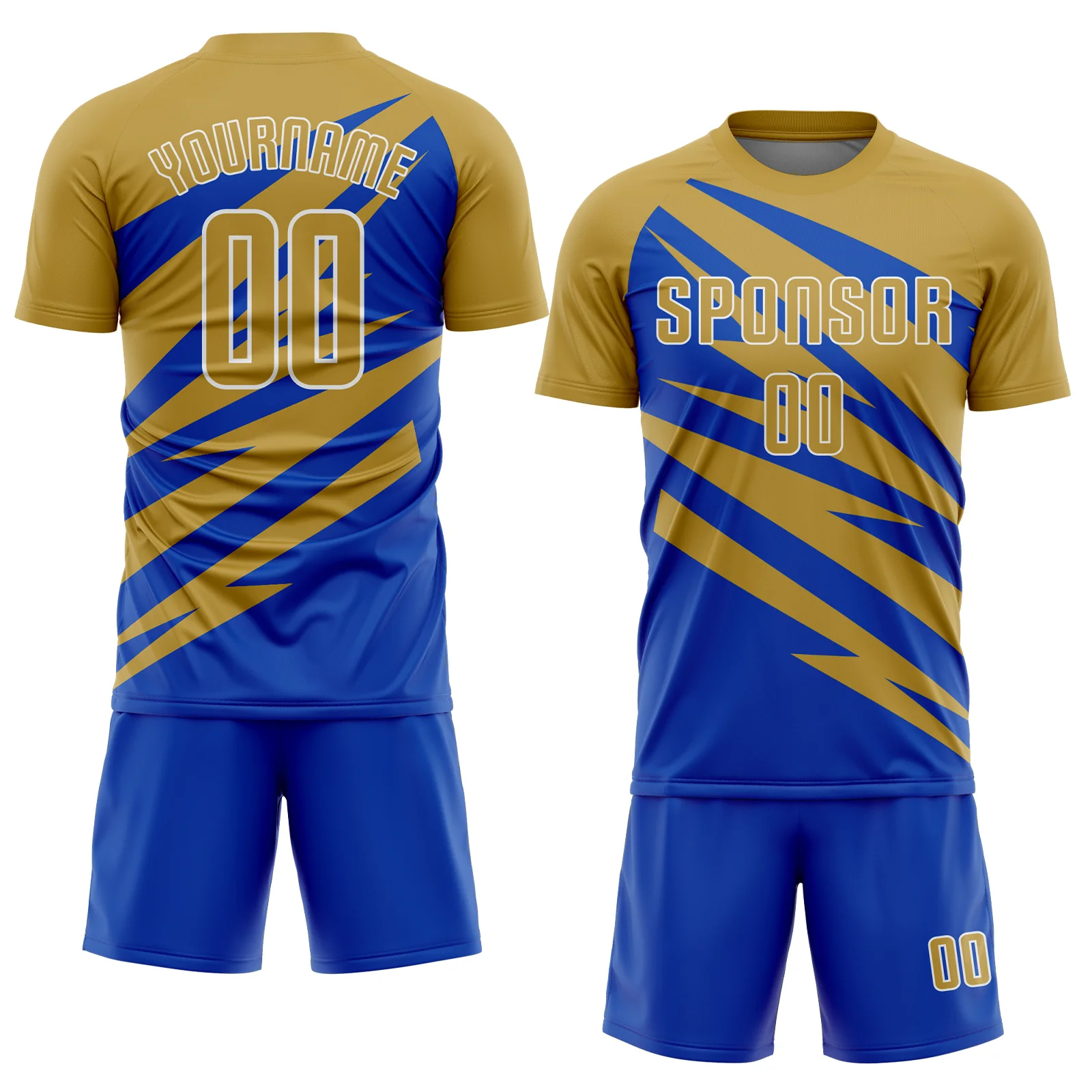 Custom Old Gold Thunder Blue-White Abstract Line Sports Sublimation Soccer Uniform Jersey - Image 2