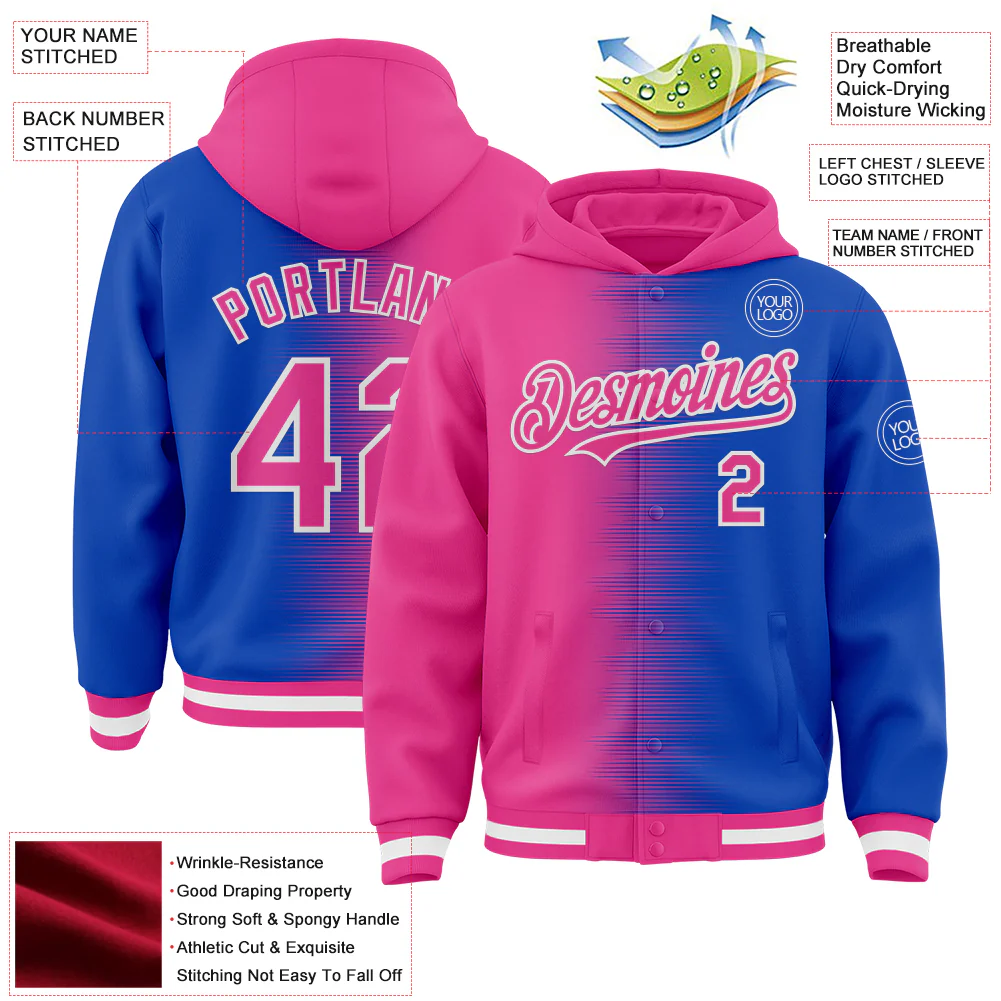 Custom Pink Thunder Blue-White Gradient Line Bomber Full-Snap Varsity Letterman Hoodie Jacket - Image 4