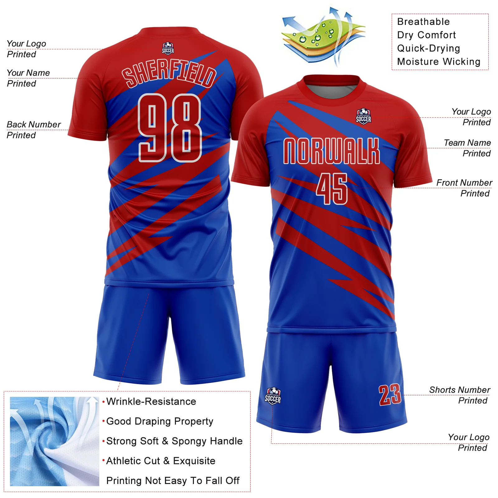 Custom Red Thunder Blue-White Abstract Line Sports Sublimation Soccer Uniform Jersey - Image 4