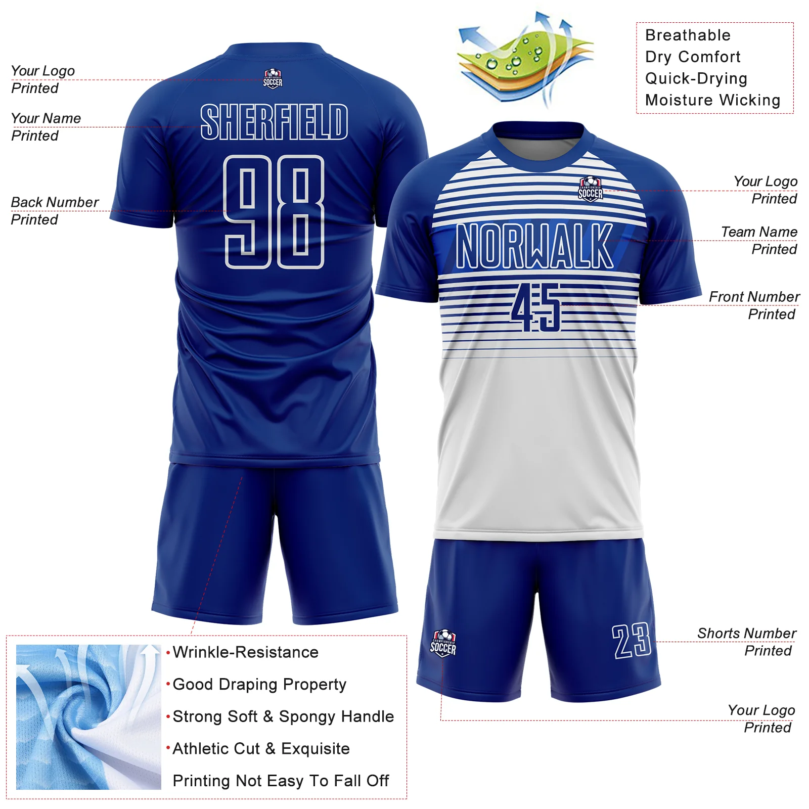 Custom Royal Thunder Blue-White Gradient Horizontal Stripes Sublimation Soccer Uniform Jersey - Image 4