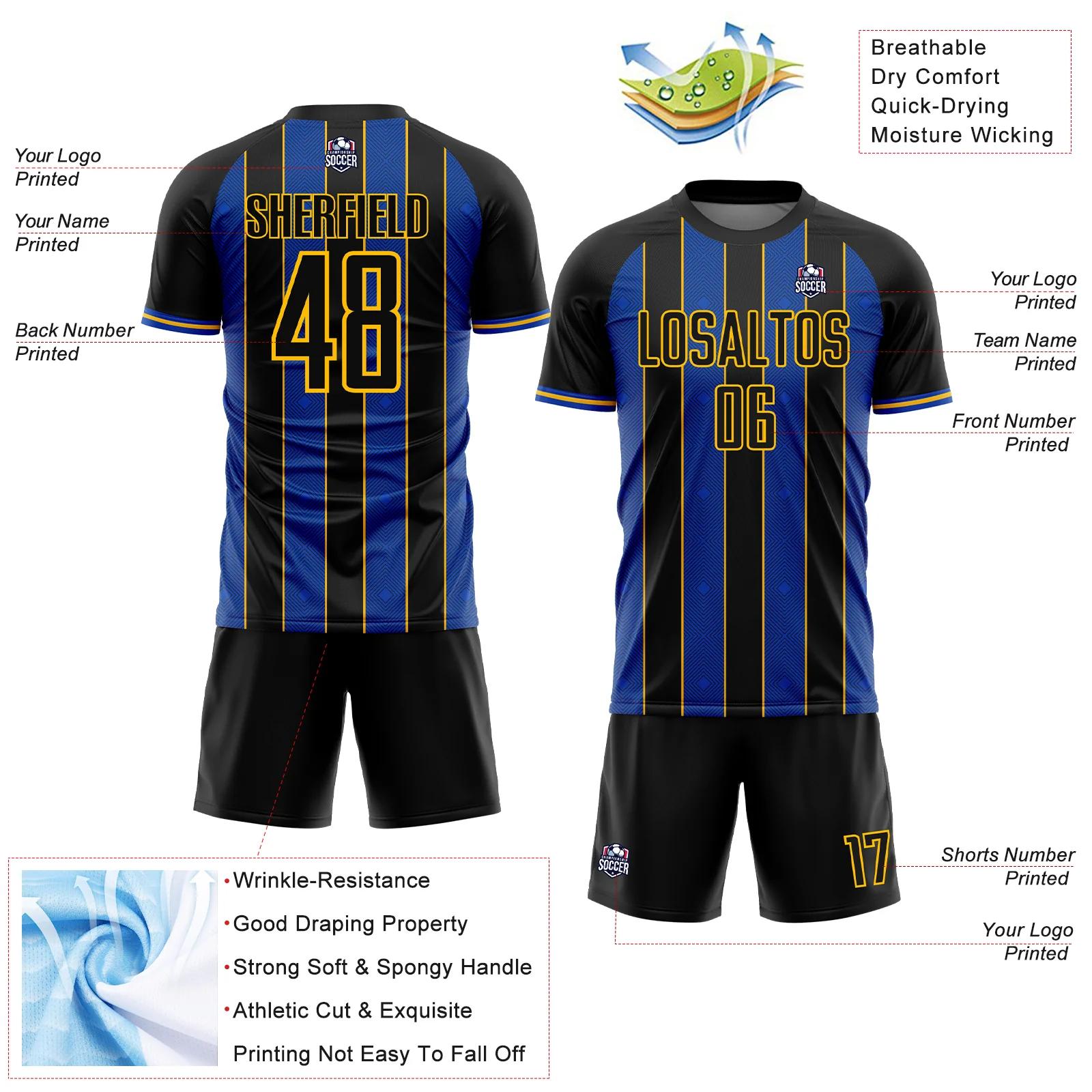 Custom Black Thunder Blue-Gold Pinstripe Line Sports Sublimation Soccer Uniform Jersey - Image 4