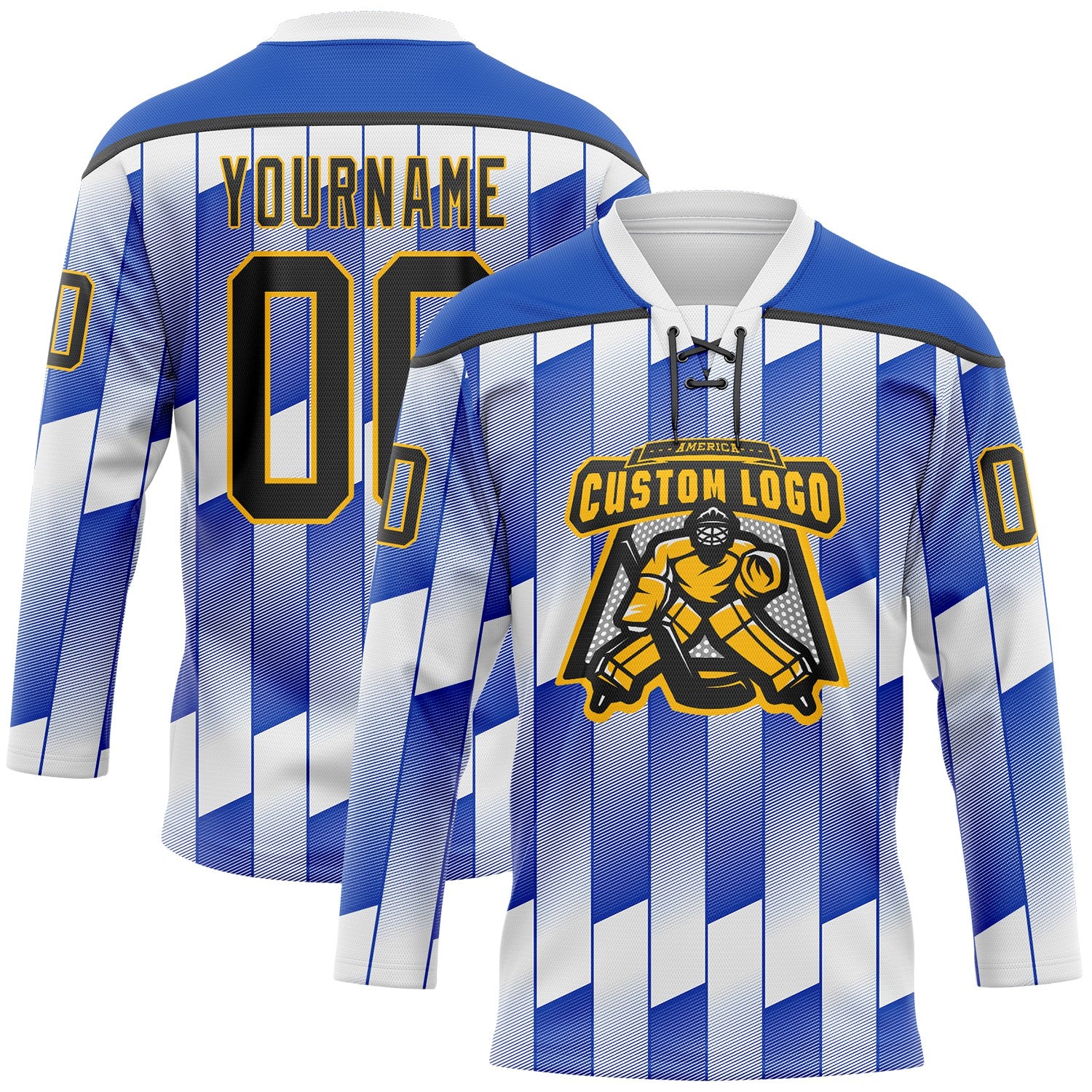 Custom White Black Thunder Blue-Gold Stripe Gradient Hockey Lace Neck Jersey - Image 2