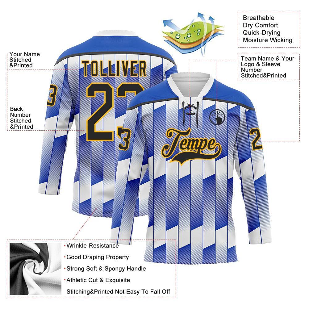 Custom White Black Thunder Blue-Gold Stripe Gradient Hockey Lace Neck Jersey - Image 5