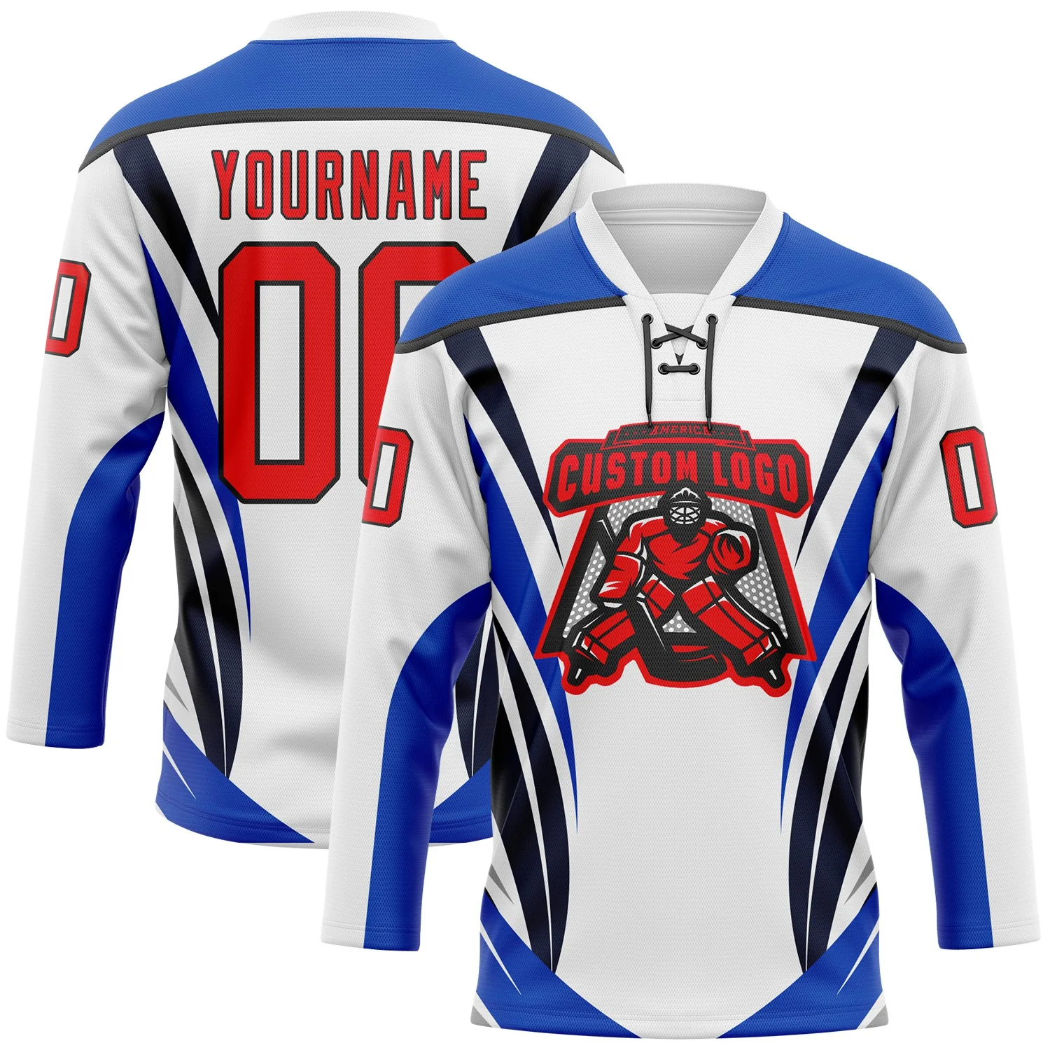 Custom White Fire Red Thunder Blue-Black Abstract Pattern Graphic Cyber Mecha E-sport Hockey Lace Neck Jersey - Image 2