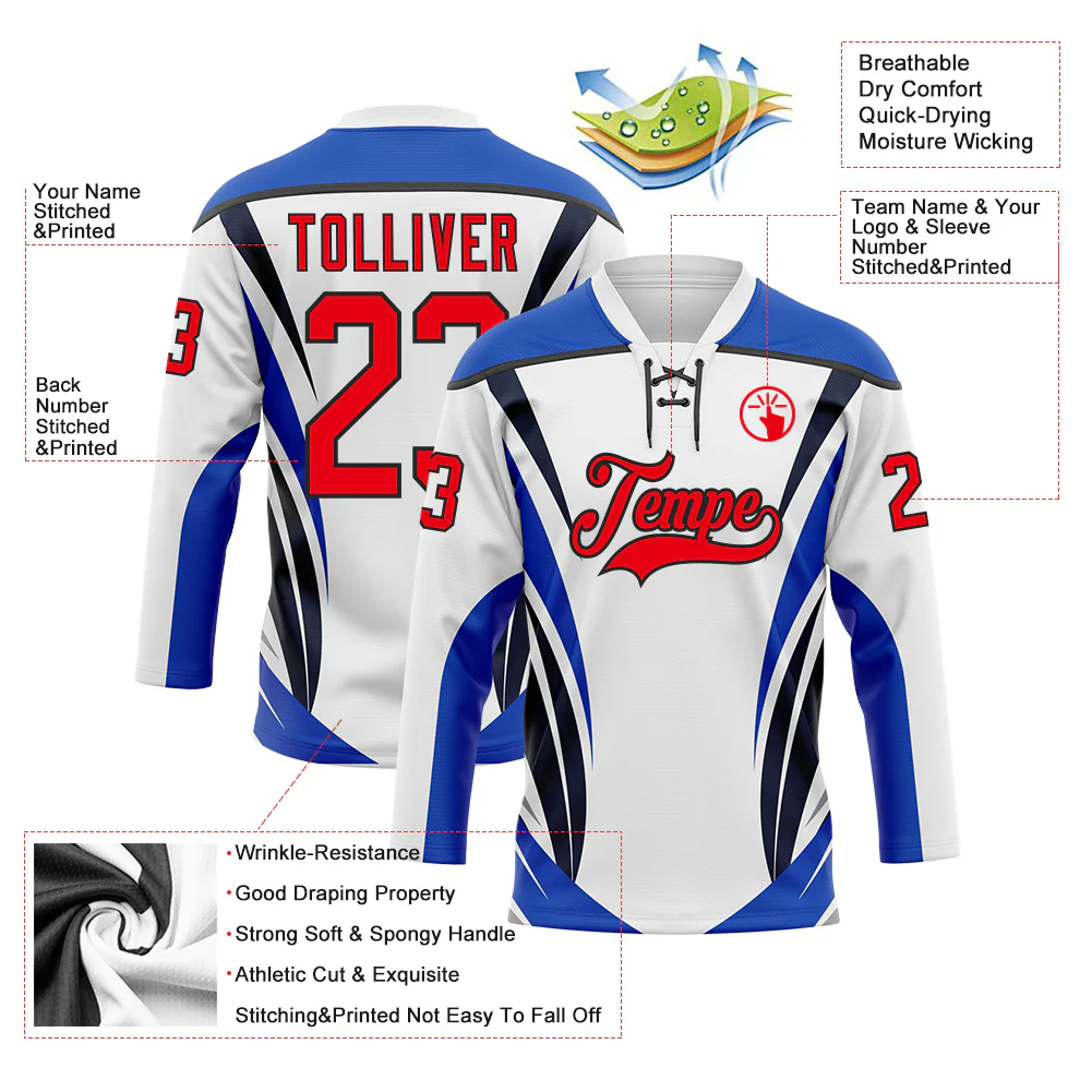 Custom White Fire Red Thunder Blue-Black Abstract Pattern Graphic Cyber Mecha E-sport Hockey Lace Neck Jersey - Image 5