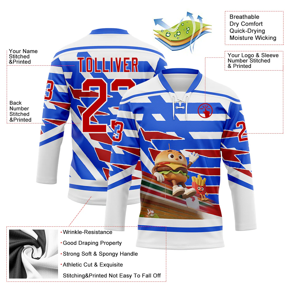Custom White Red-Thunder Blue Foodie Funny Hamberger Fries Hockey Lace Neck Jersey - Image 4
