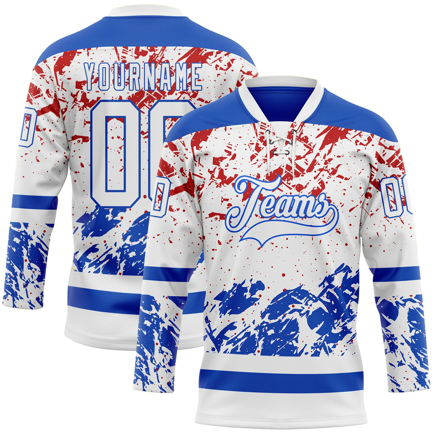 Custom White Thunder Blue-Red Abstract Splatter Paint Hockey Lace Neck Jersey