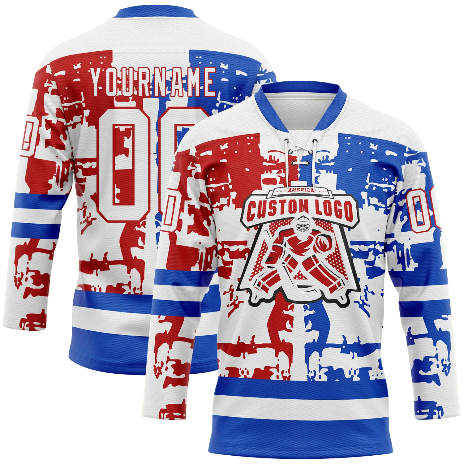 Custom White Thunder Blue-Red Abstract Splatter Paint Hockey Lace Neck Jersey - Image 2