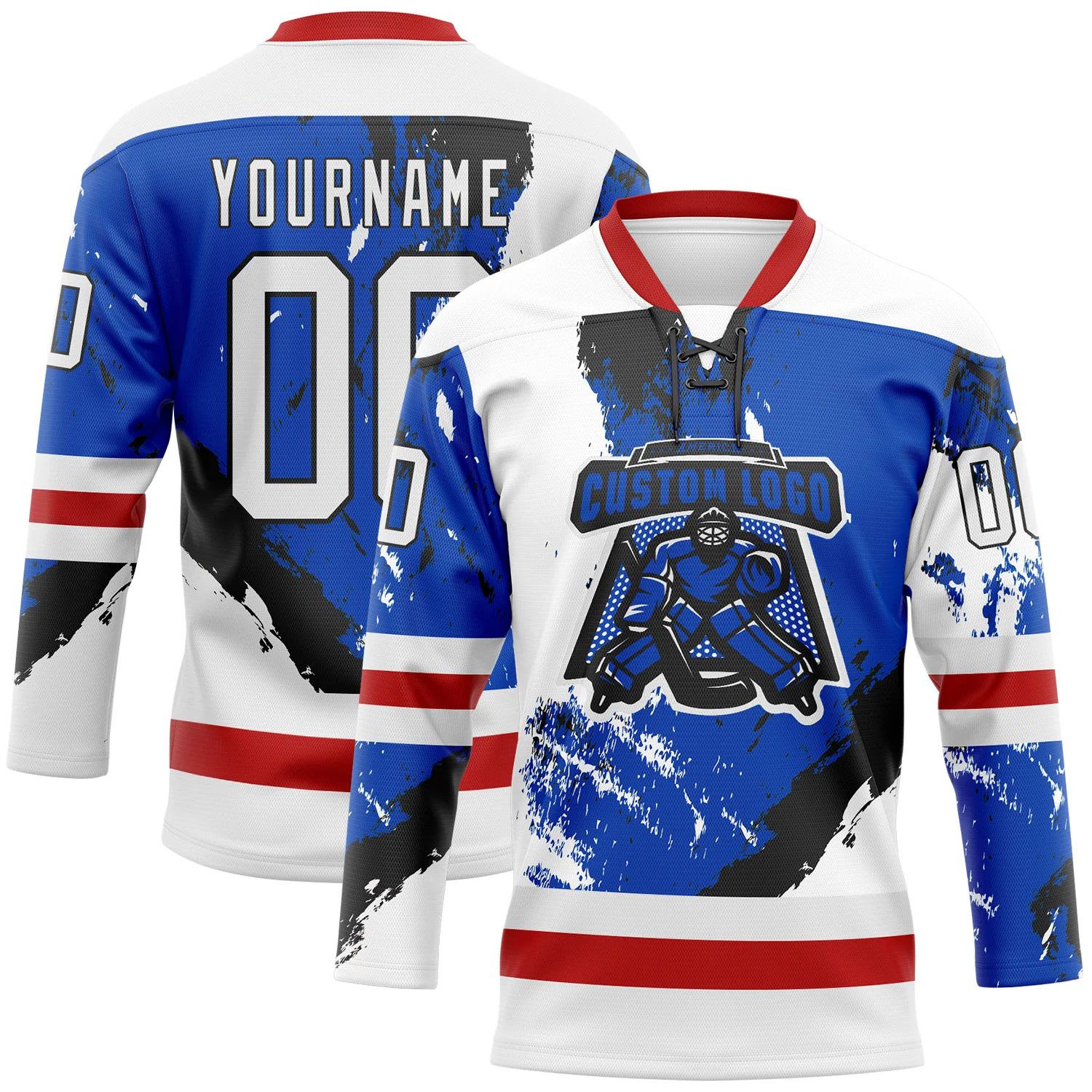 Custom White Thunder Blue Red-Black Abstract Splatter Paint Hockey Lace Neck Jersey - Image 2