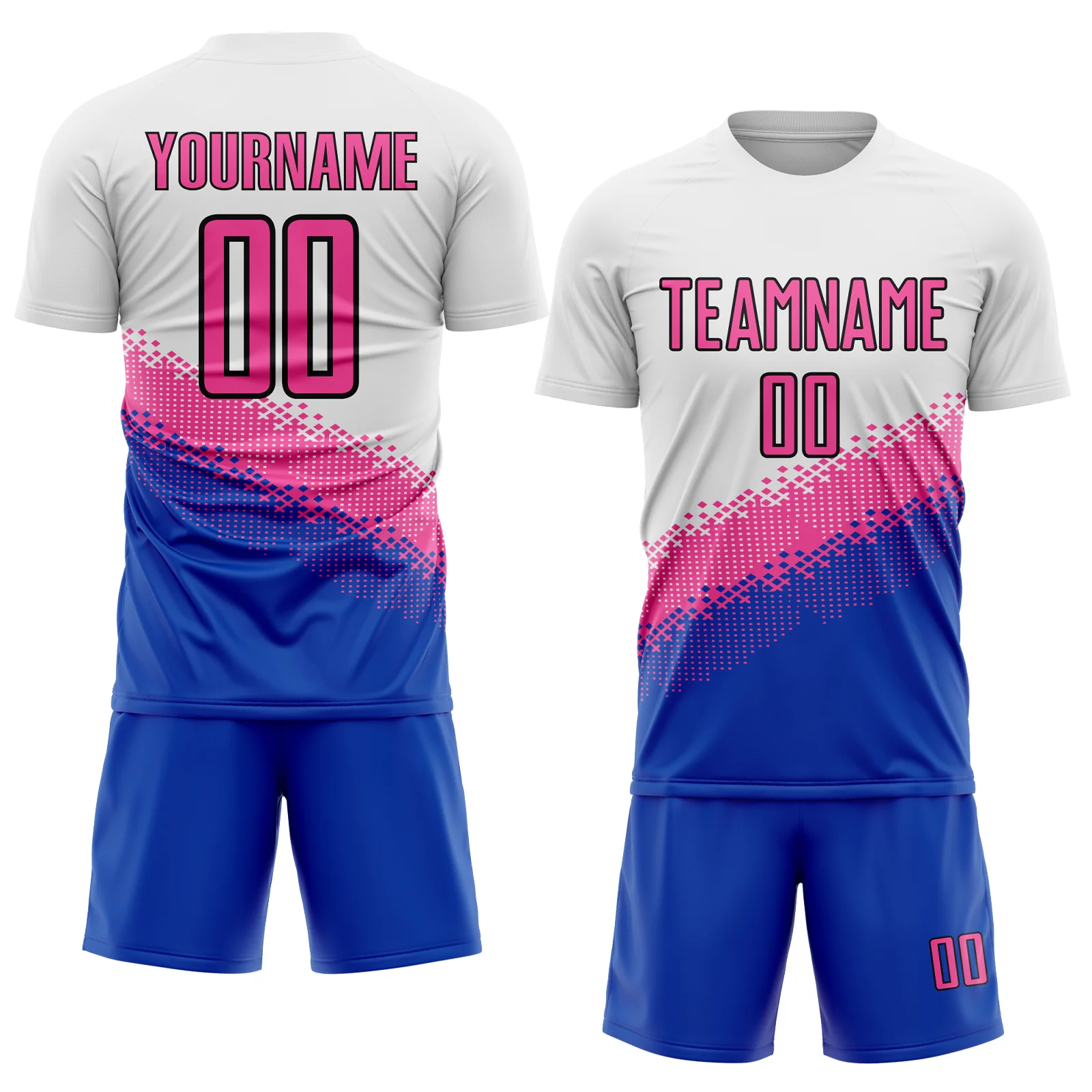 Custom White Pink Thunder Blue-Black Gradient Geometric Shape Sublimation Soccer Uniform Jersey - Image 2