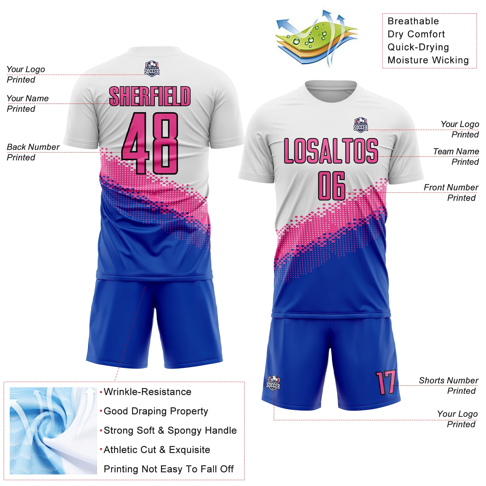 Custom White Pink Thunder Blue-Black Gradient Geometric Shape Sublimation Soccer Uniform Jersey - Image 4