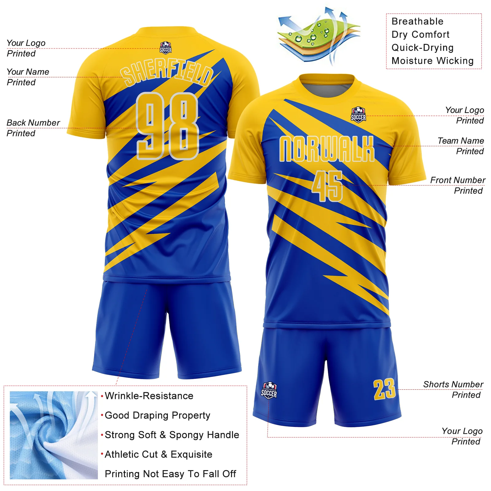 Custom Yellow Thunder Blue-White Abstract Line Sports Sublimation Soccer Uniform Jersey - Image 4