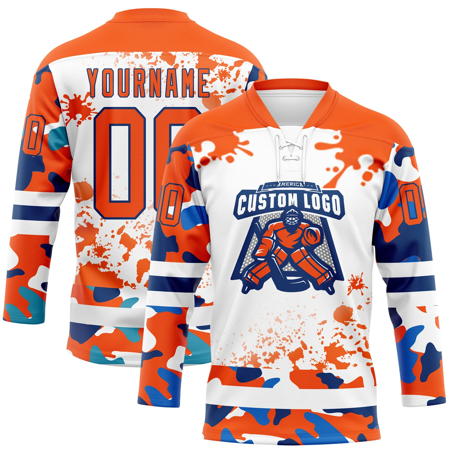 Custom Camo Orange US Navy Blue-White Splash Hockey Lace Neck Jersey - Image 2