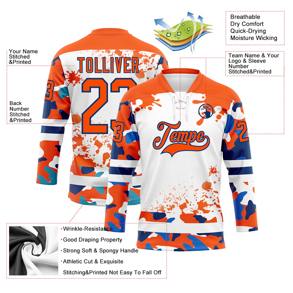 Custom Camo Orange US Navy Blue-White Splash Hockey Lace Neck Jersey - Image 3