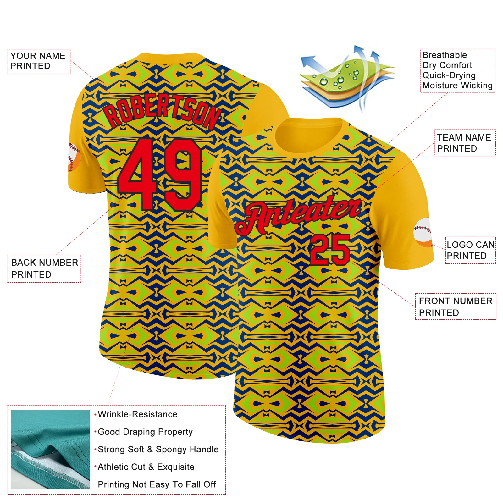 Custom Gold Fire Red US Navy Blue Aurora Green-Black 3D Esports Performance T-Shirt - Image 2